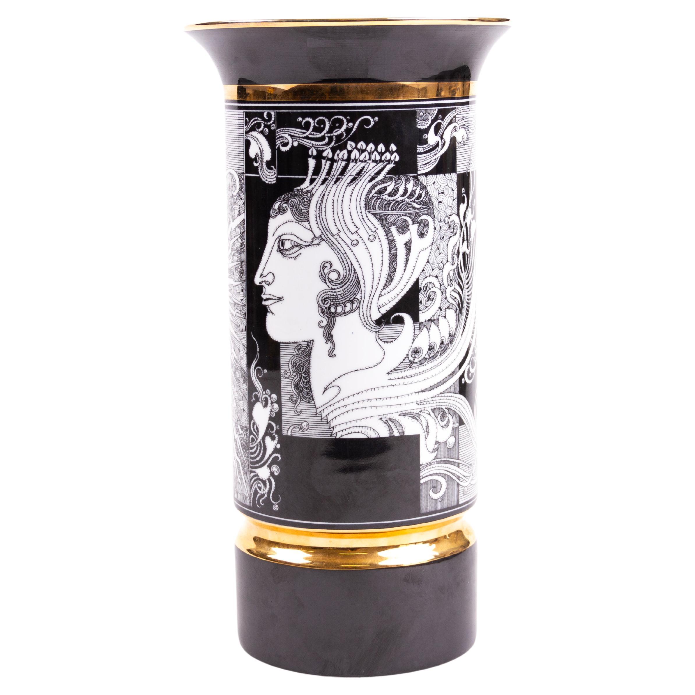 Large Art Deco Style Hungarian 24KT Gold Porcelain Vase by Jurcsák László