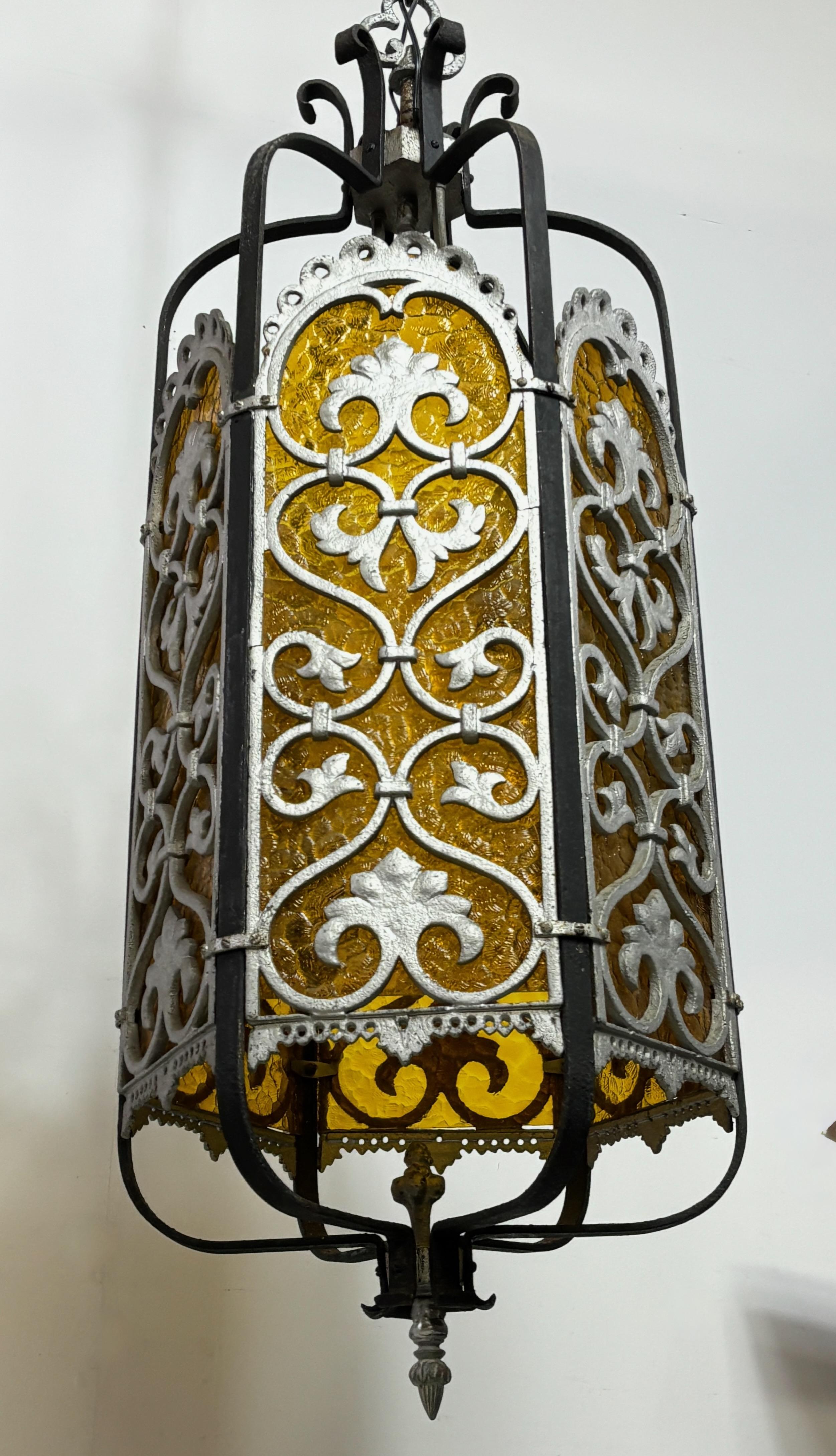 Wrought Iron Large Art Deco Style Lantern Light Fixture, Early 20th Century For Sale