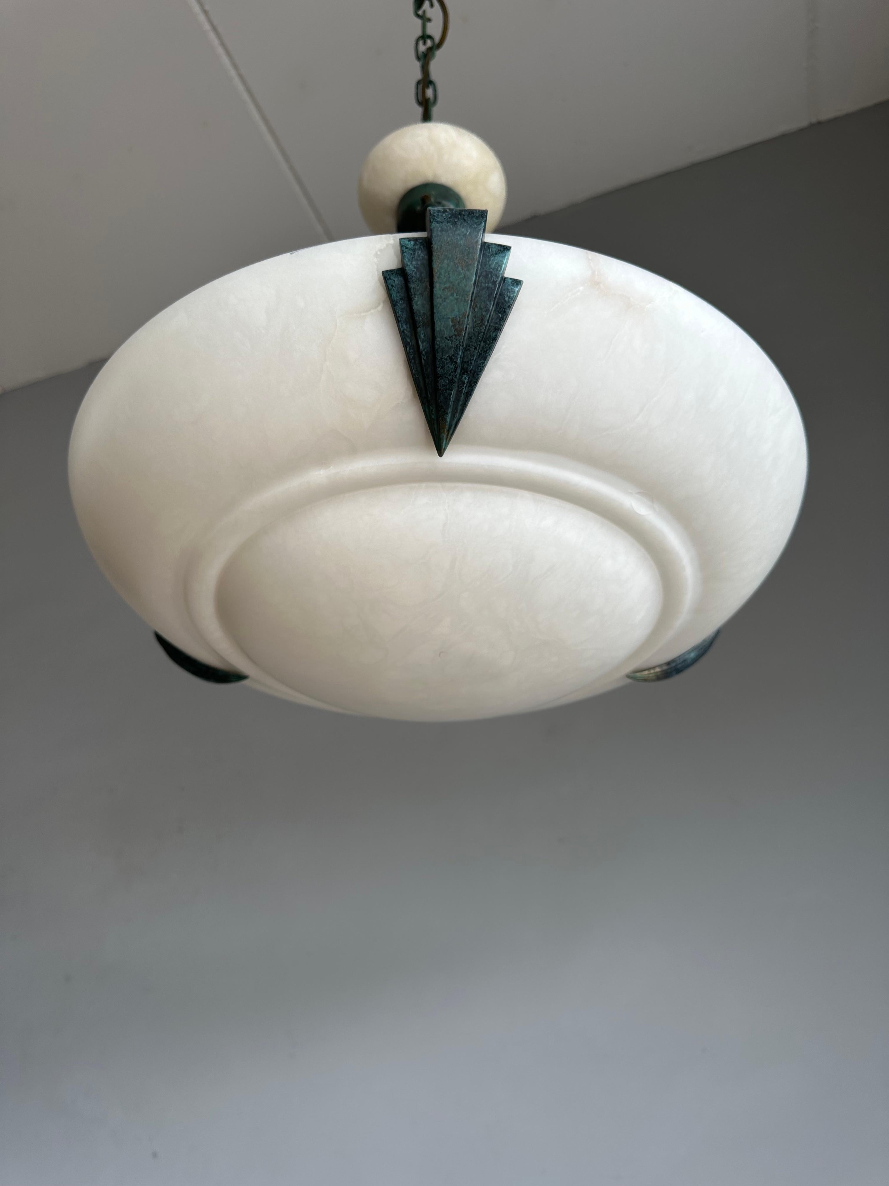 Large Art Deco Style Mid-Century Made White Alabaster & Brass Pendant Chandelier For Sale 2