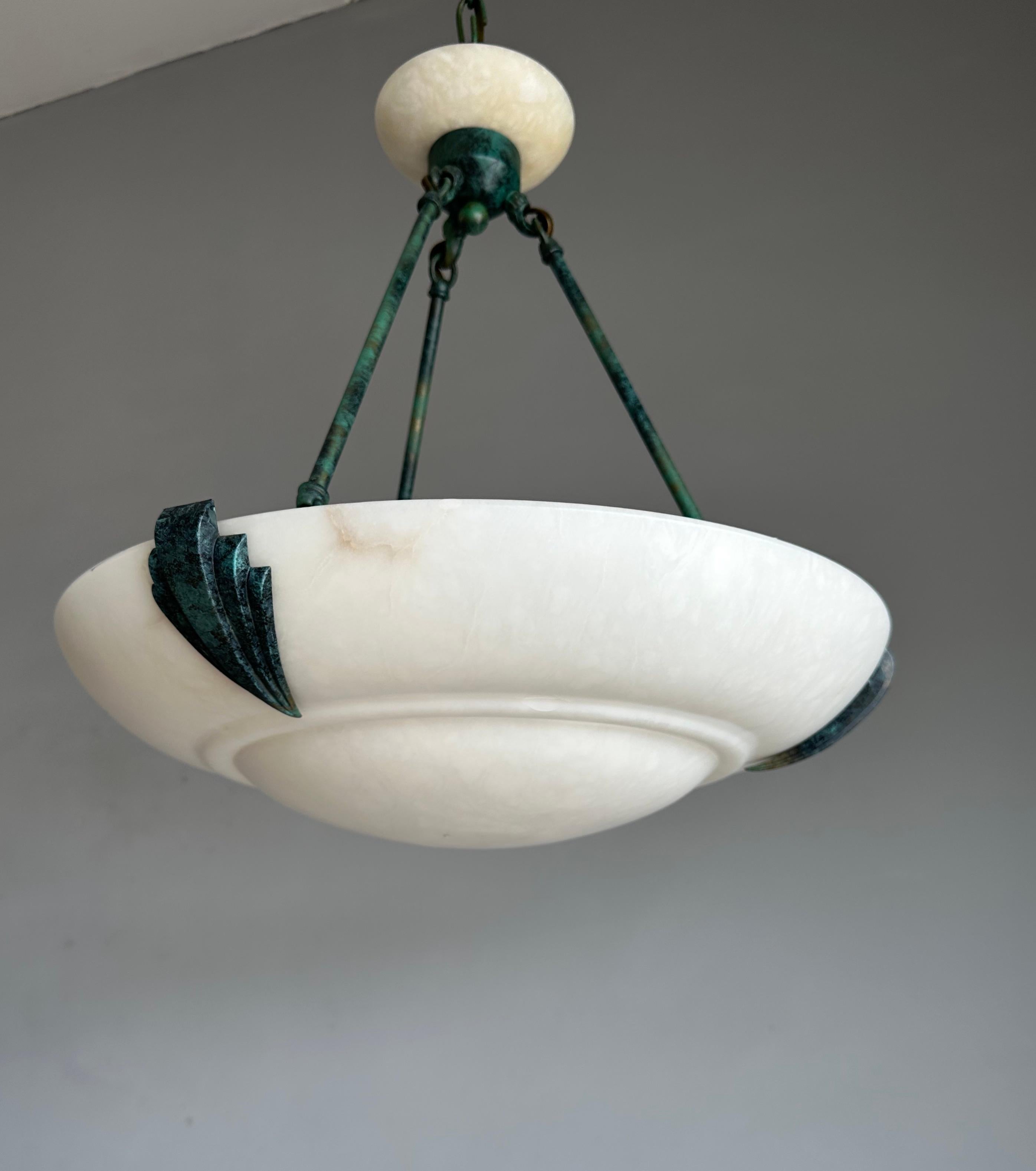 Large Art Deco Style Mid-Century Made White Alabaster & Brass Pendant Chandelier For Sale 3