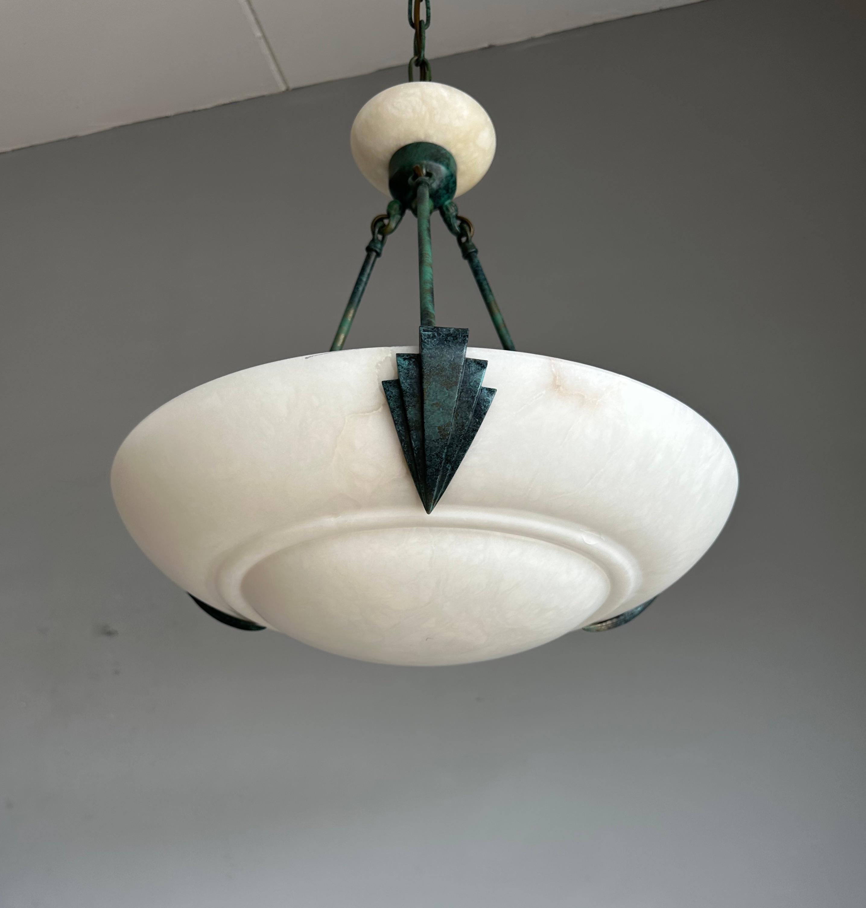 Large Art Deco Style Mid-Century Made White Alabaster & Brass Pendant Chandelier For Sale 7