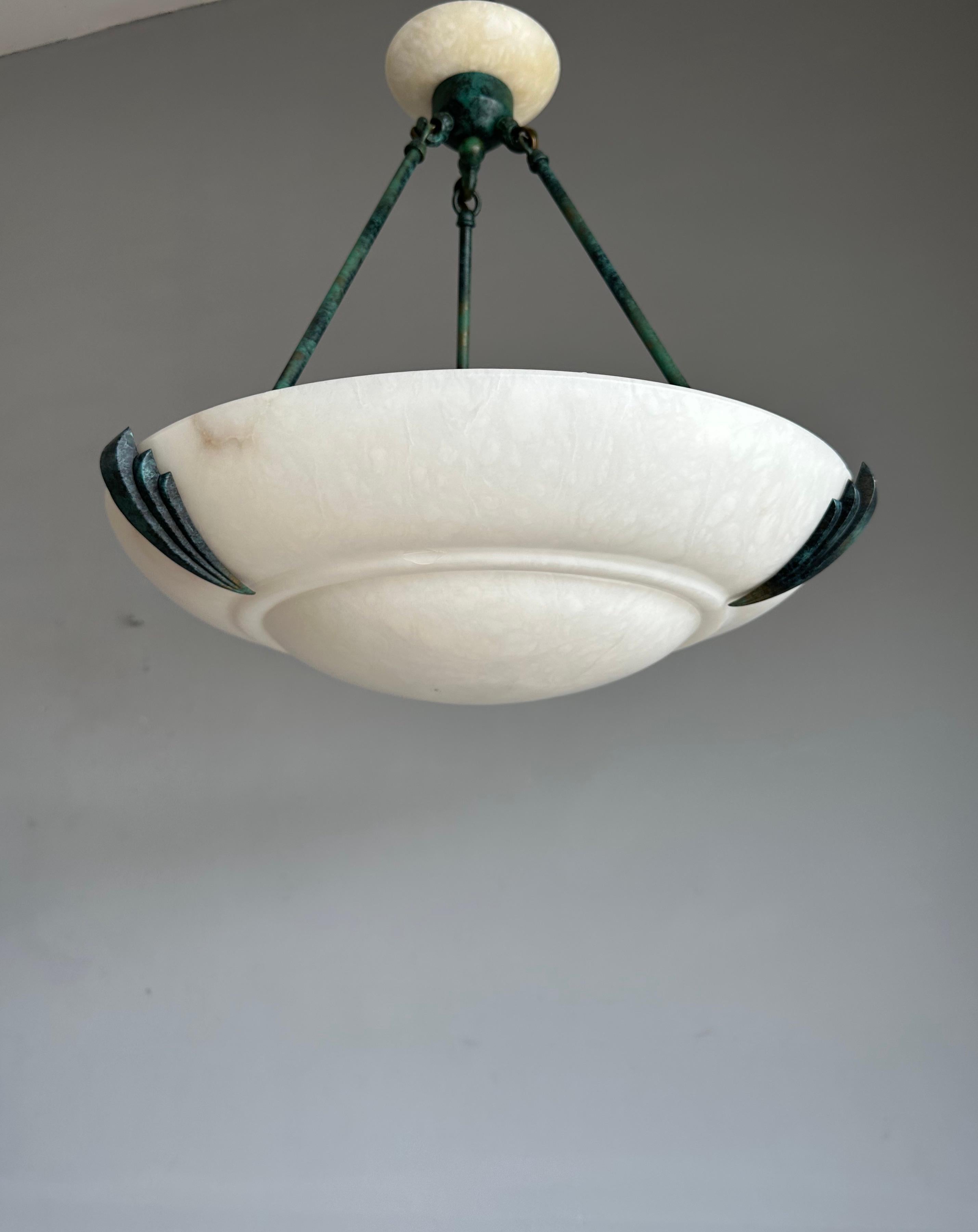 Large Art Deco Style Mid-Century Made White Alabaster & Brass Pendant Chandelier For Sale 8
