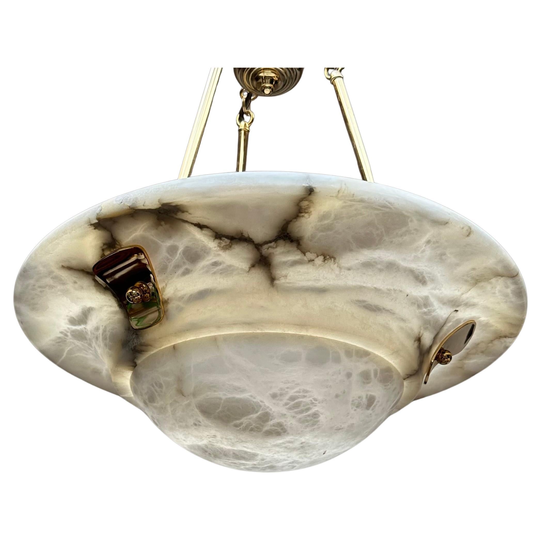 Large Art Deco & Timeless Design MidCentury Made White Alabaster Fixture Pendant For Sale