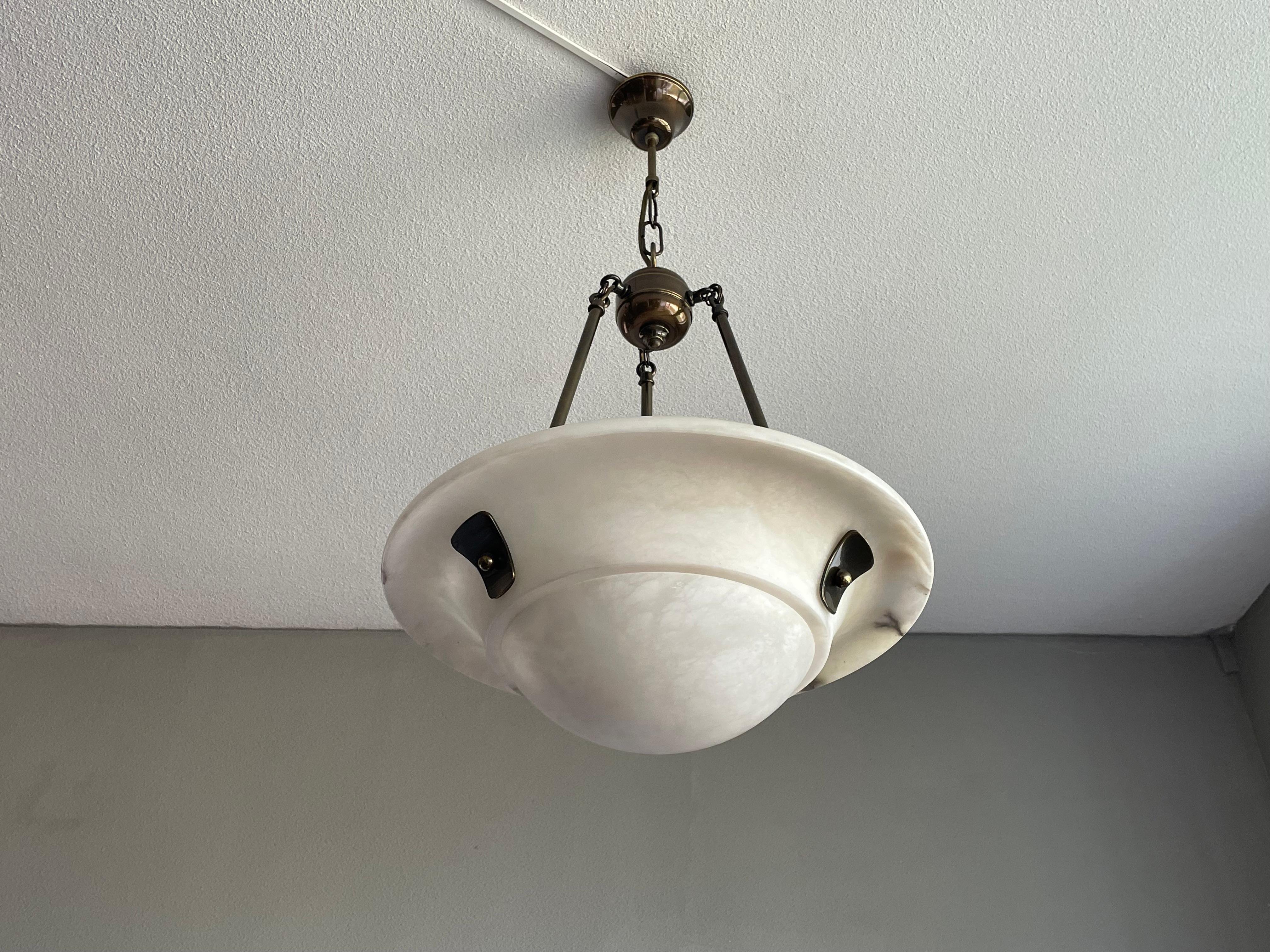 Large Art Deco Style Mid-Century Made White Alabaster & Brass Pendant Chandelier In Excellent Condition In Lisse, NL