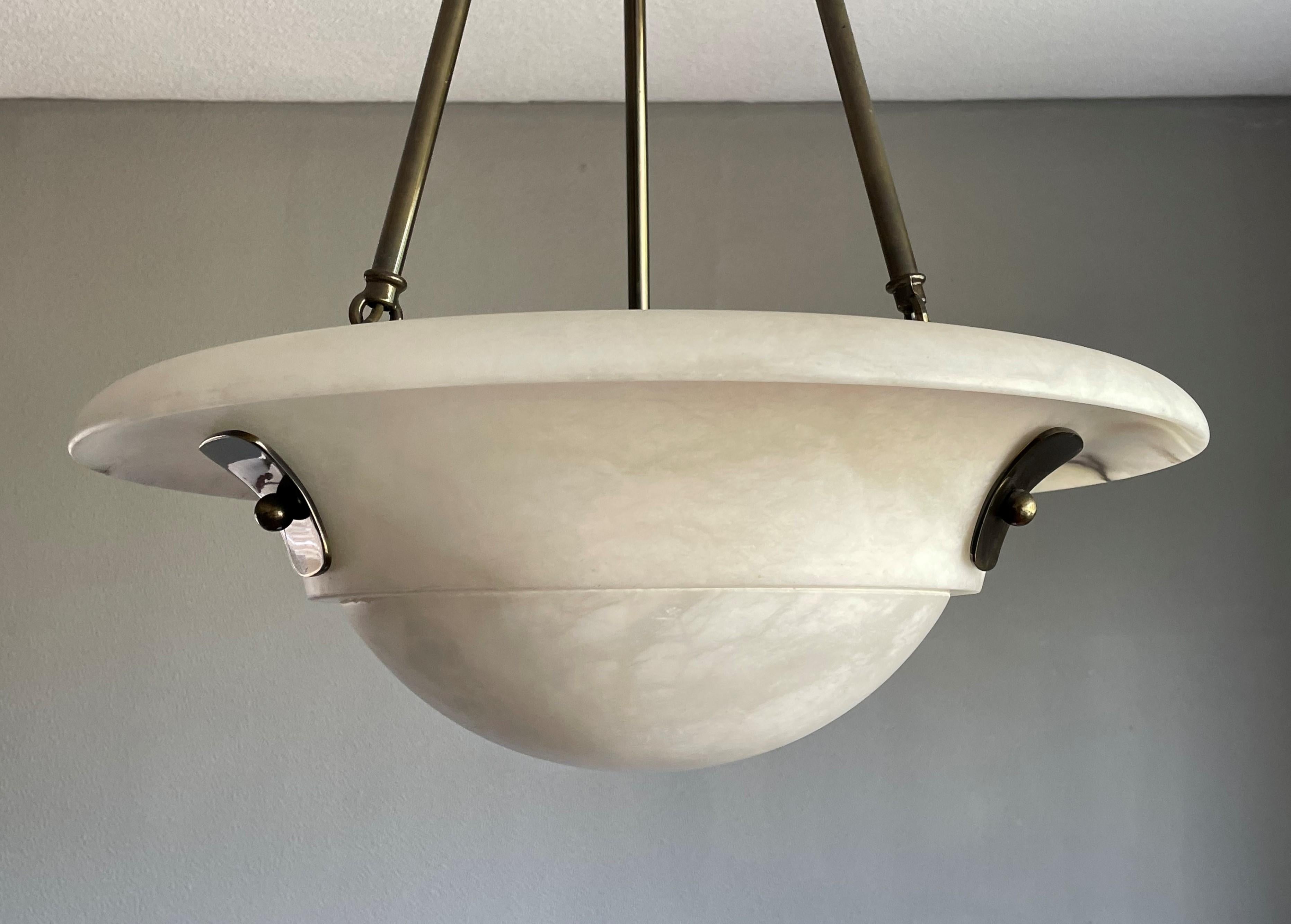 Metal Large Art Deco Style Mid-Century Made White Alabaster & Brass Pendant Chandelier