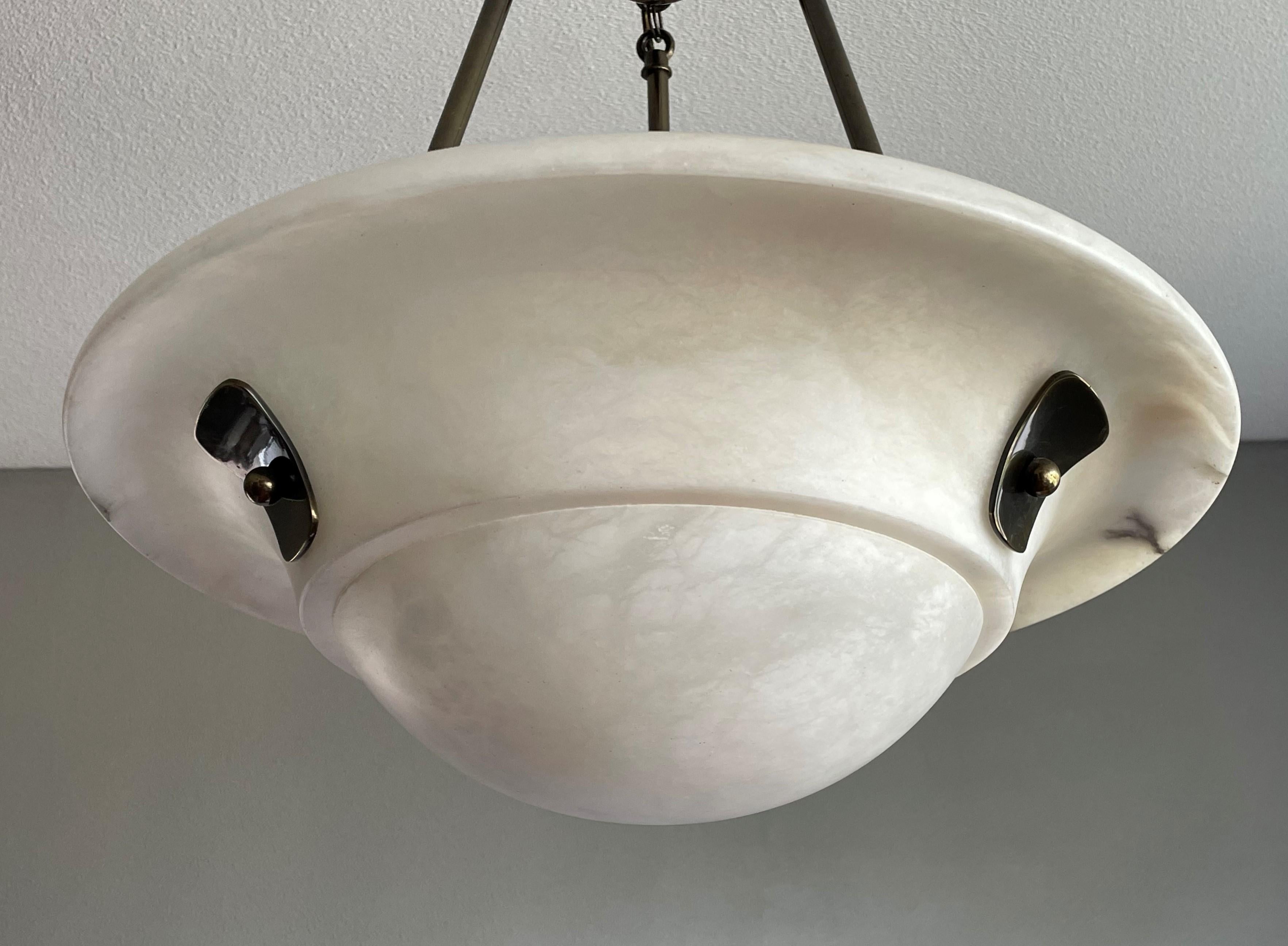 Large Art Deco Style Mid-Century Made White Alabaster & Brass Pendant Chandelier 2