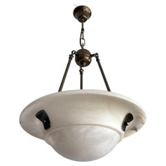 Large Art Deco Style Mid-Century Made White Alabaster & Brass Pendant Chandelier