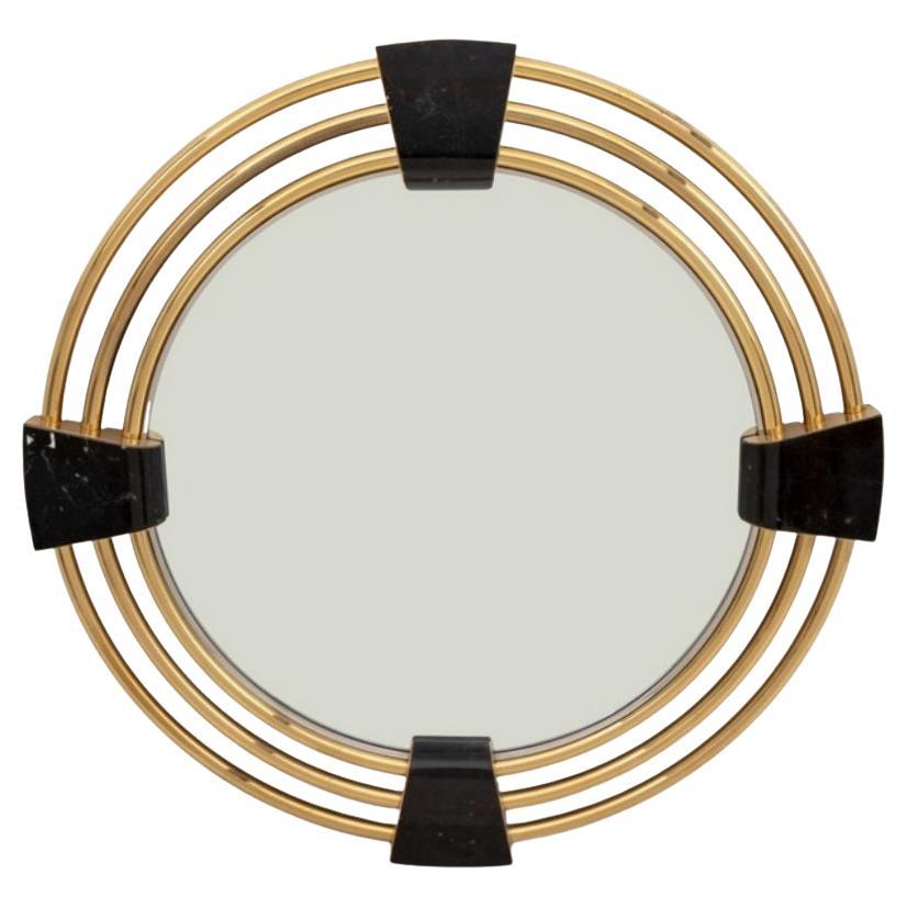 Large Art Deco Style Round Mirror with Black Marble Insets For Sale