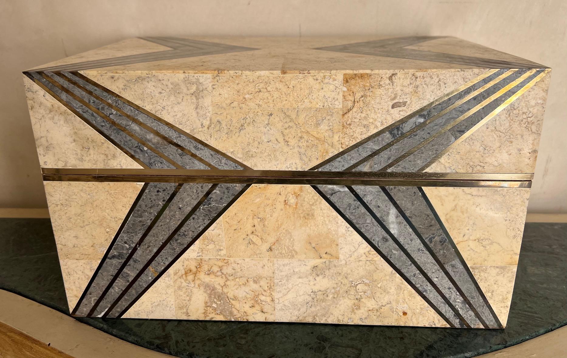 American Large Art Deco Style Stone & Copper Inlaid Box For Sale