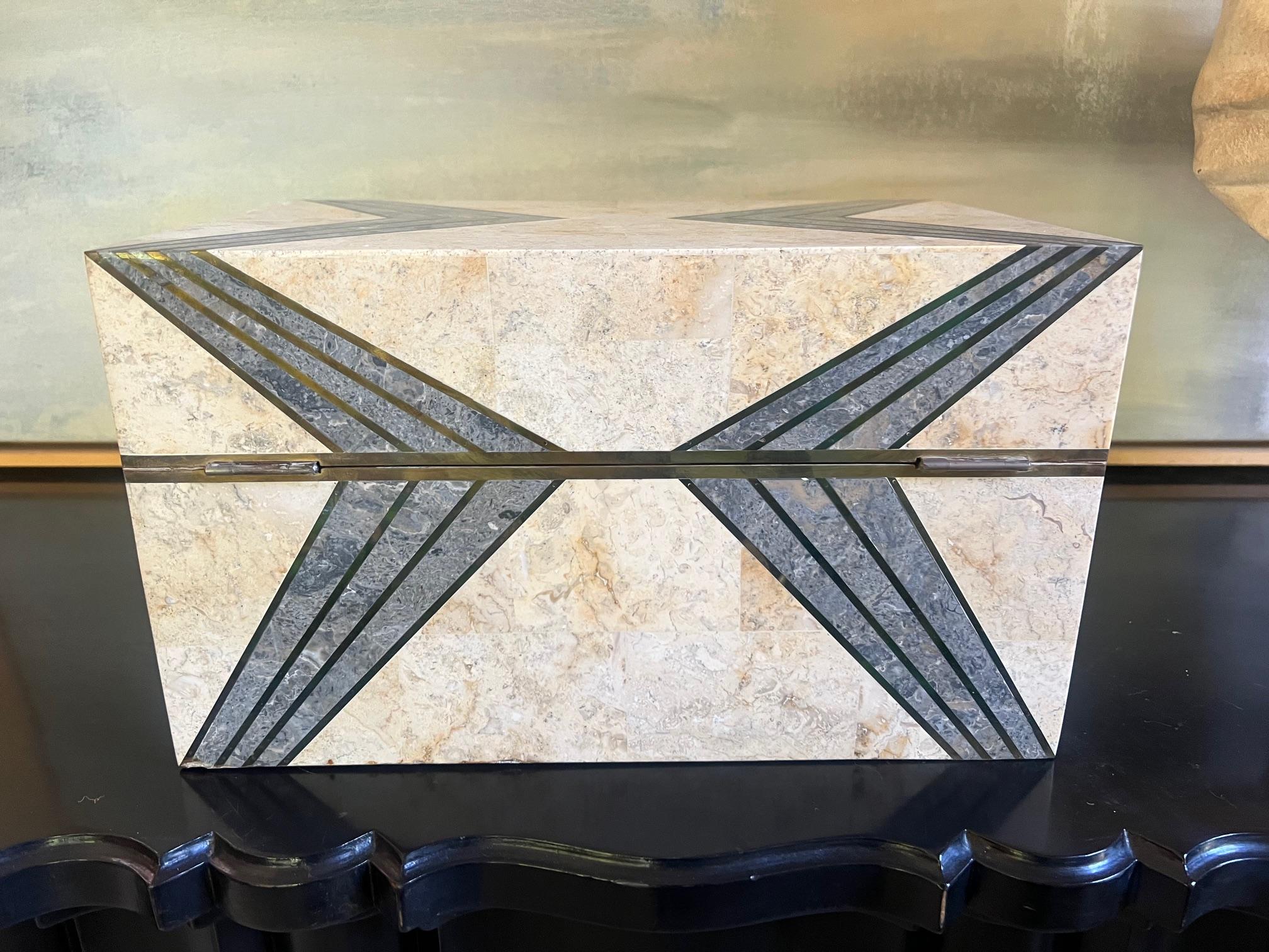 Large Art Deco Style Stone & Copper Inlaid Box In Good Condition For Sale In Ross, CA