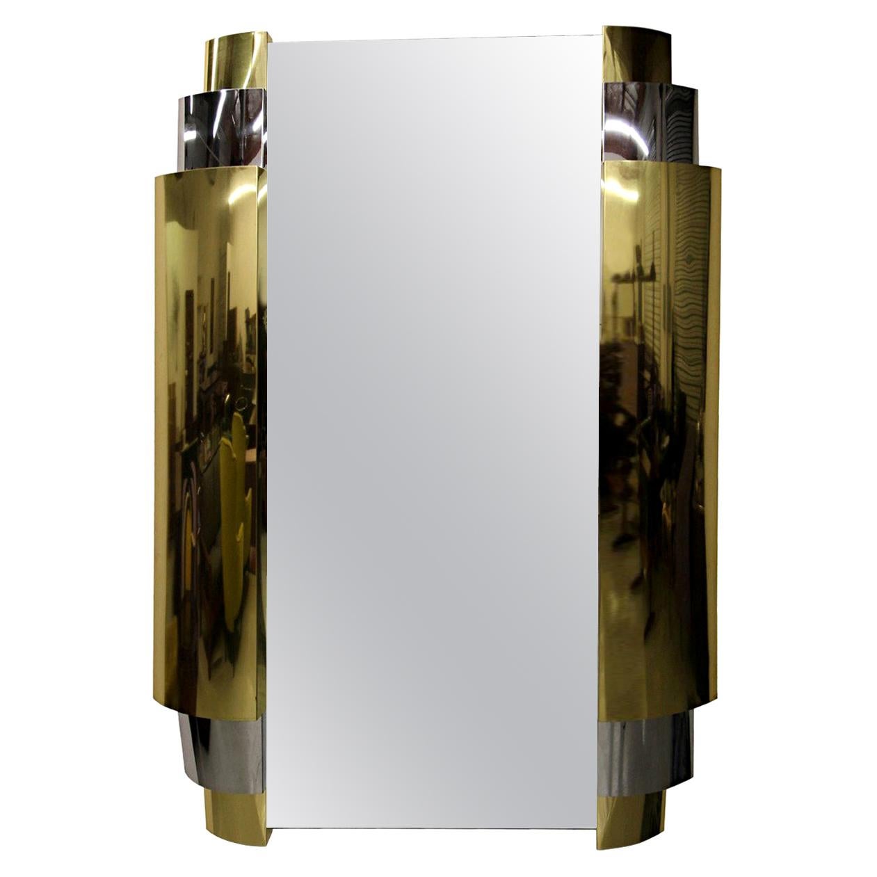 Large Art Deco Style Tiered Chrome and Brass Wall Mirror by Curtis Jere
