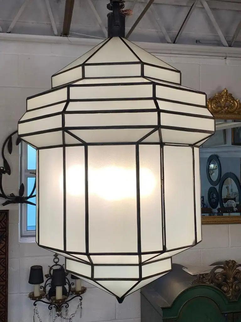 Large Art Deco Style White Milk Glass Chandelier, Pendant or Lantern, a Pair For Sale 7