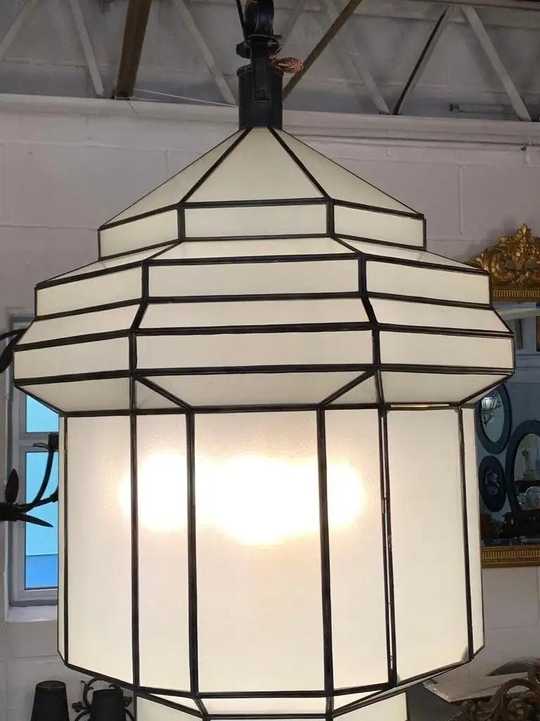 Large Art Deco Style White Milk Glass Chandelier, Pendant or Lantern, a Pair In Good Condition For Sale In Plainview, NY