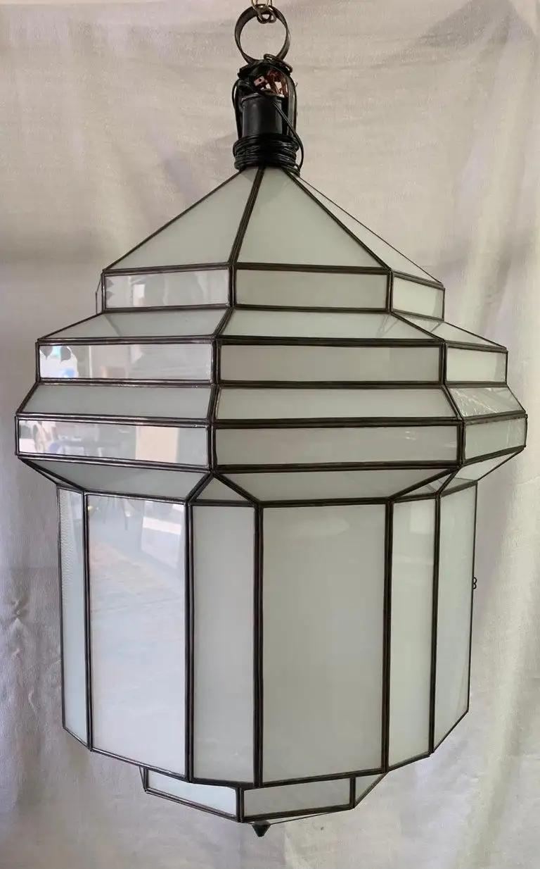 Late 20th Century Large Art Deco Style White Milk Glass Chandelier, Pendant or Lantern, a Pair For Sale