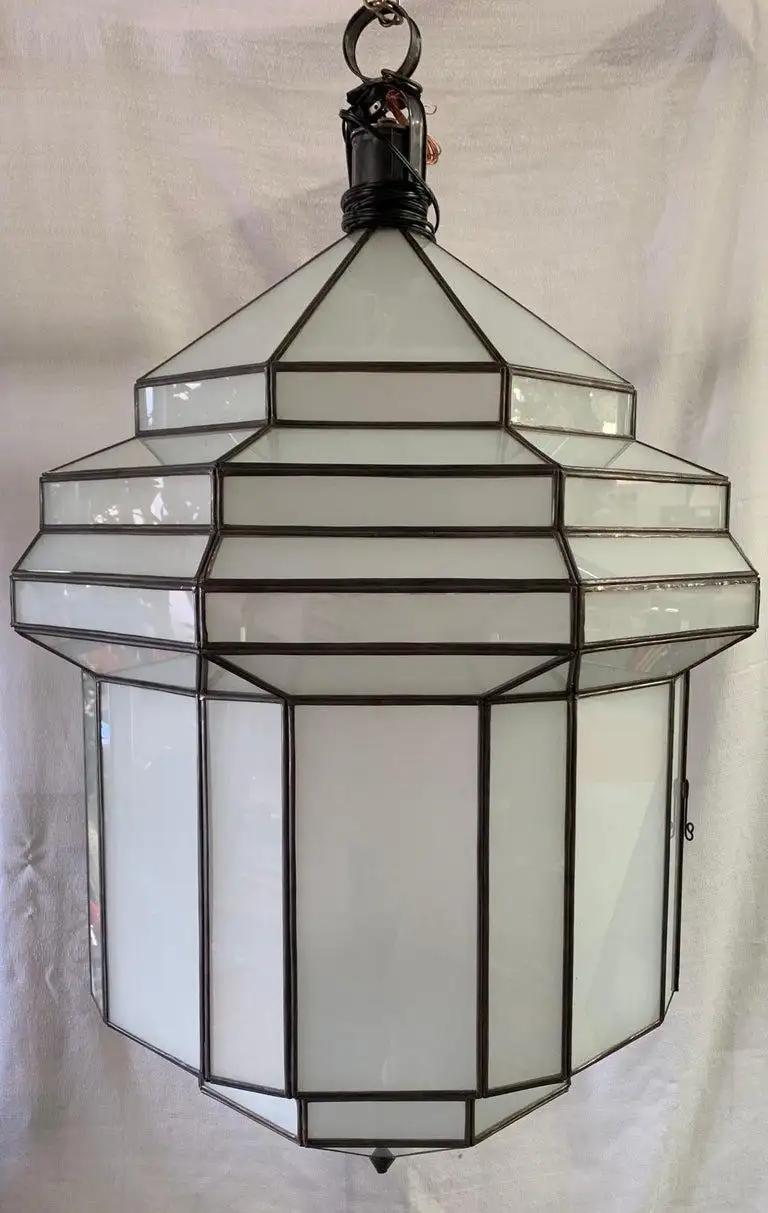 Metal Large Art Deco Style White Milk Glass Chandelier, Pendant or Lantern, a Pair For Sale