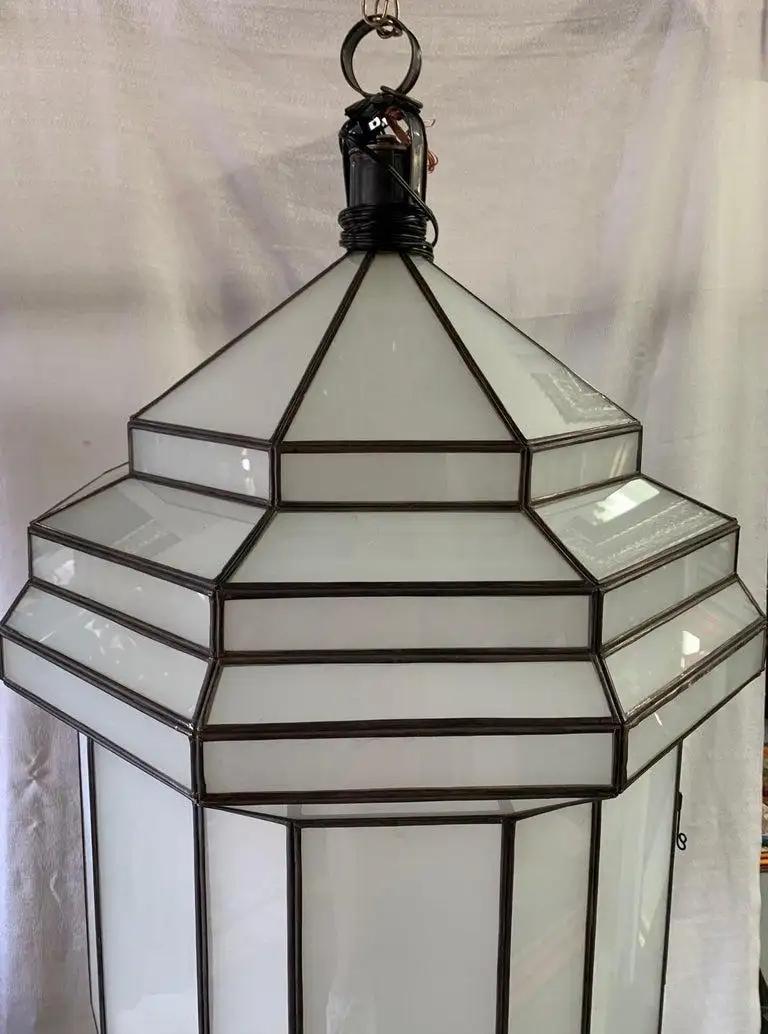 Large Art Deco Style White Milk Glass Chandelier, Pendant or Lantern, a Pair For Sale 1