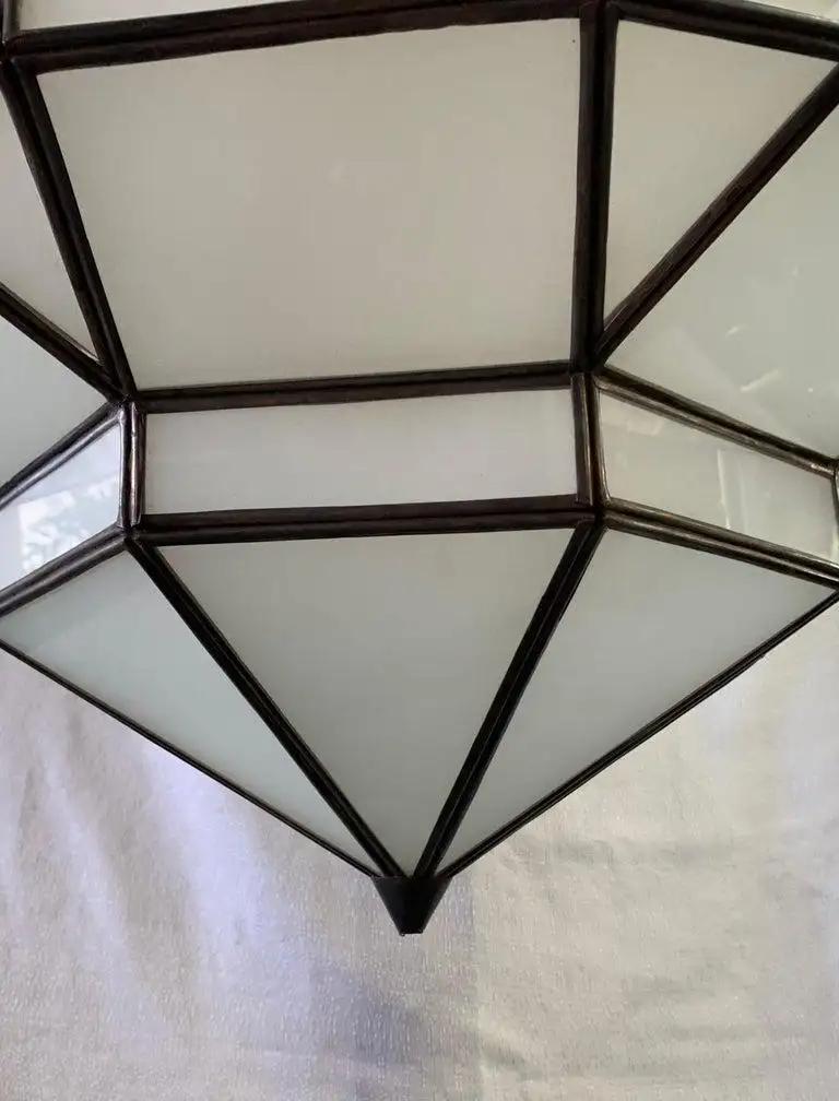 Grande lampadario, pendente o lanterna in vetro bianco latte in stile Art Déco, una coppia in vendita 3