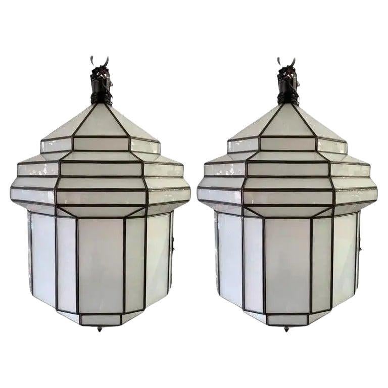 Large Art Deco Style White Milk Glass Chandelier, Pendant or Lantern, a Pair For Sale