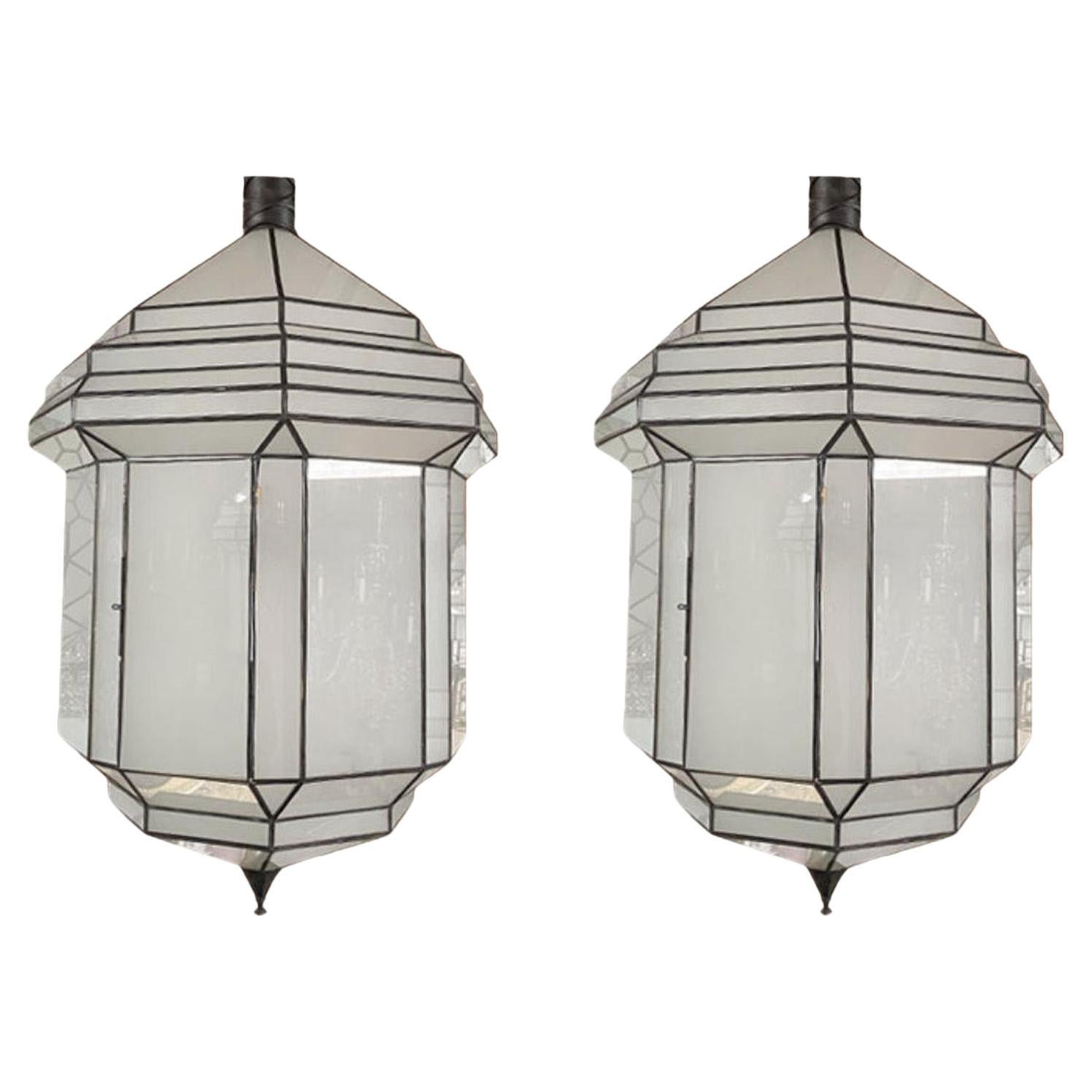 Large Art Deco Style White Milk Glass Chandelier, Pendant or Lantern, a Pair