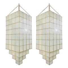 Large Art Deco Style White Milk Glass Chandelier, Pendant or Lantern, Pair
