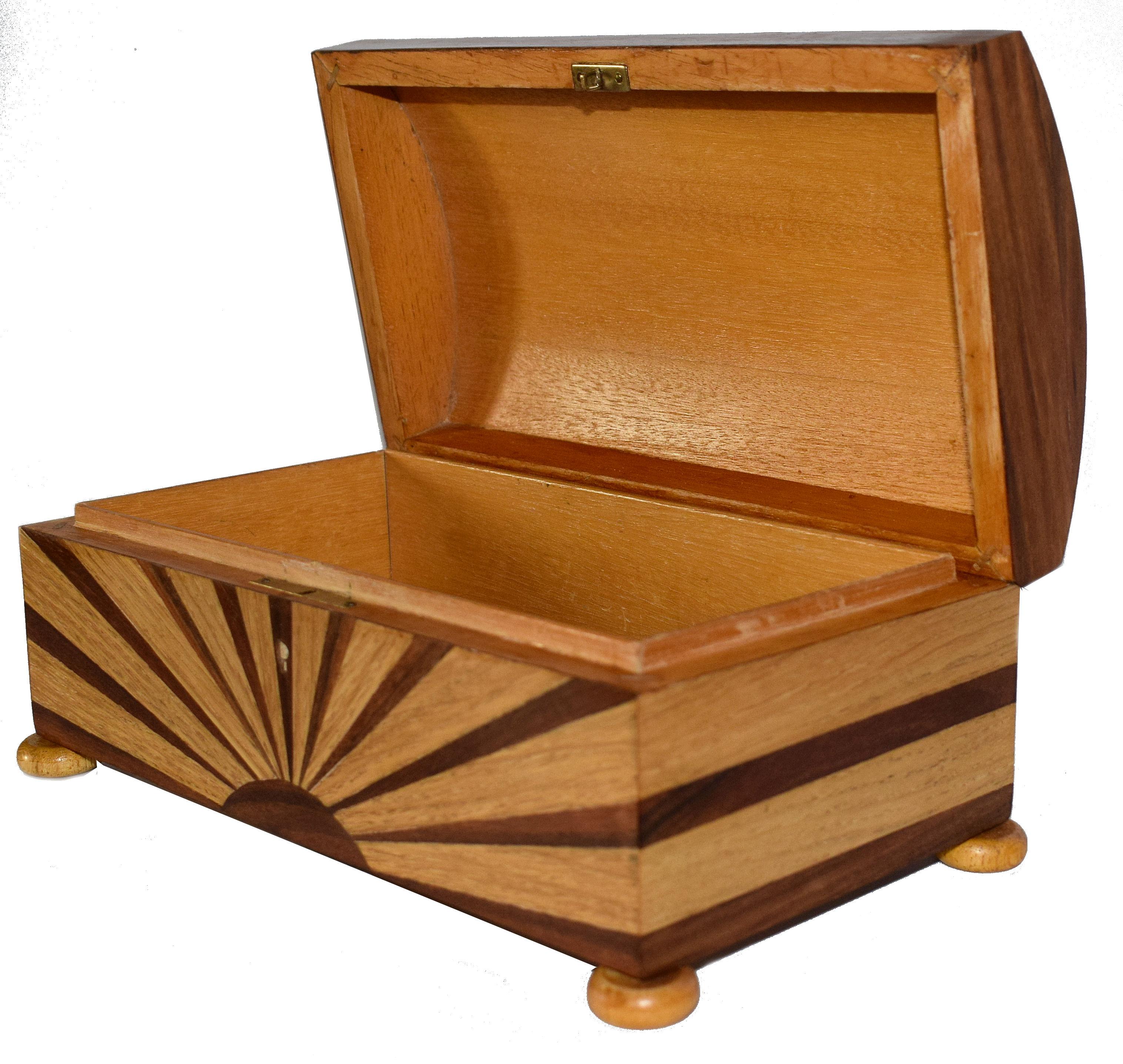 For your consideration is this superbly crafted Art Deco wooden box with a domed lid and iconic sunray pattern which is both to the front and back. This box is a great size and making it a very functional piece, many possible uses such as jewellery,