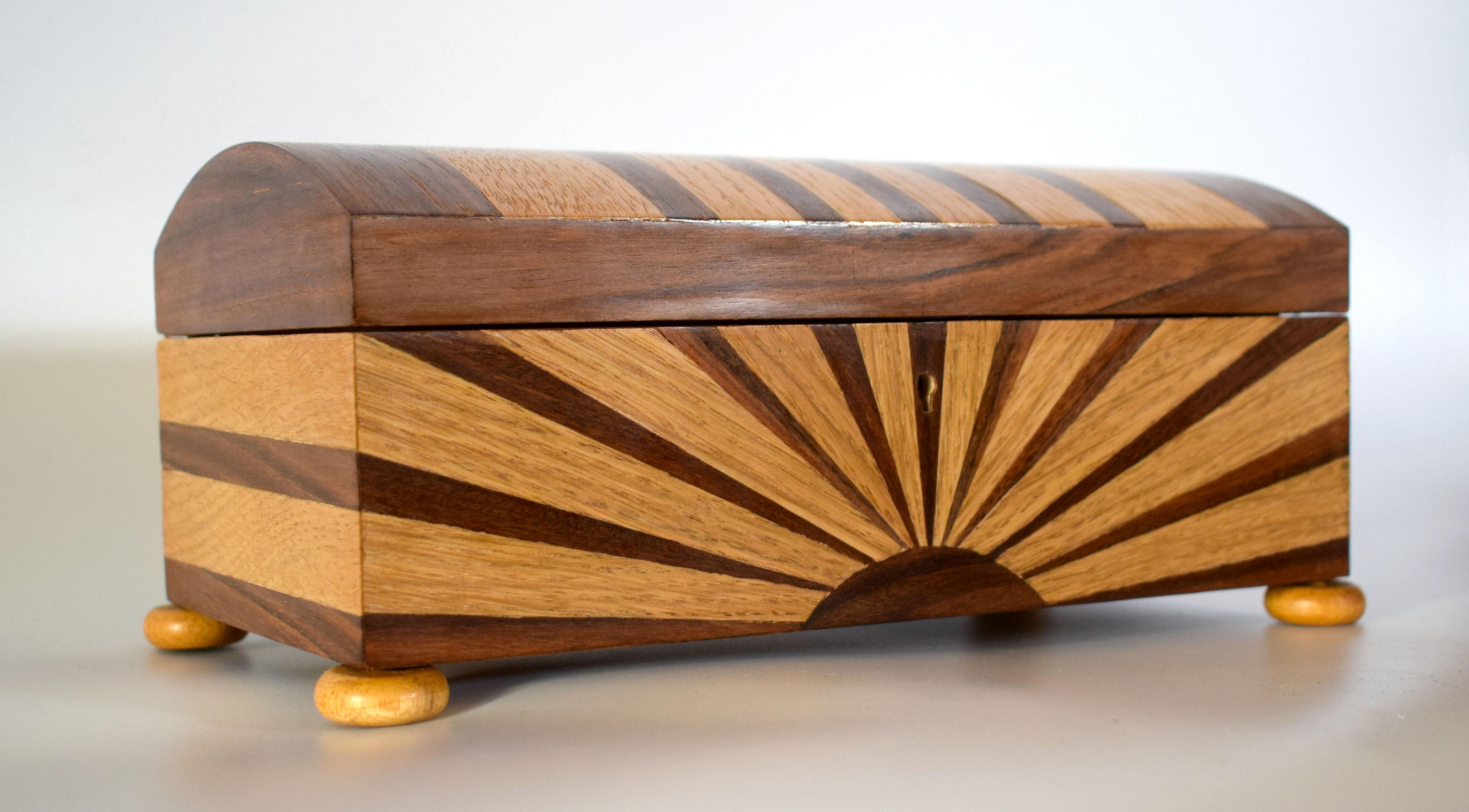 20th Century Large Art Deco 'Sunray' Inlaid Box with Key, circa 1930