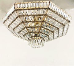 Large Art-Deco Swarovski Crystal Brass Nine-light Flush Mount, Austria, 1960s