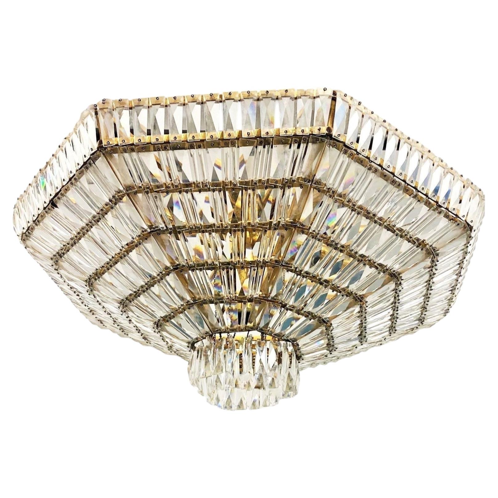 Large Luxury Art Deco Crystal and Brass Nine-Light Flush Mount, Austria, 1960s For Sale