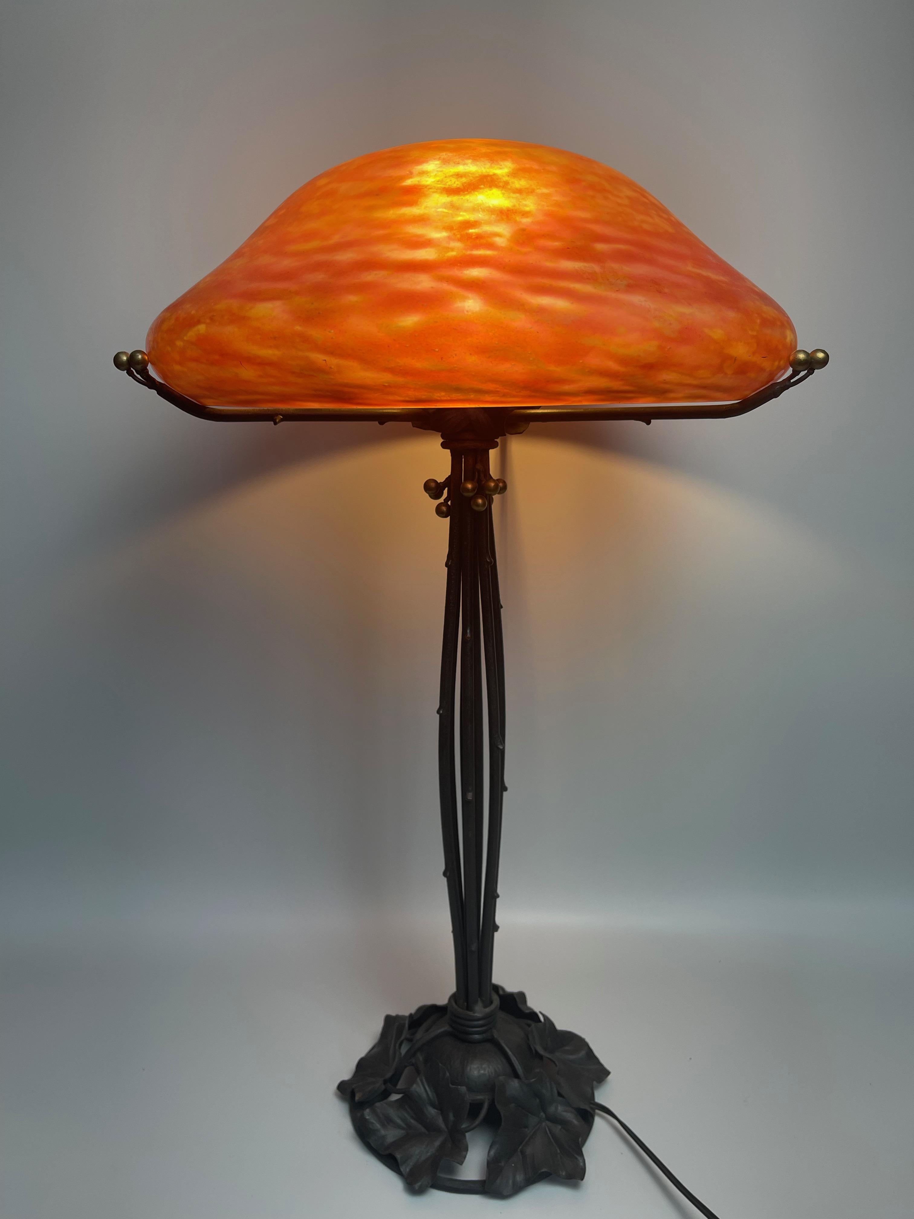 Large Art Deco Table Lamp by Daum Nancy Wrought Iron Foot 5
