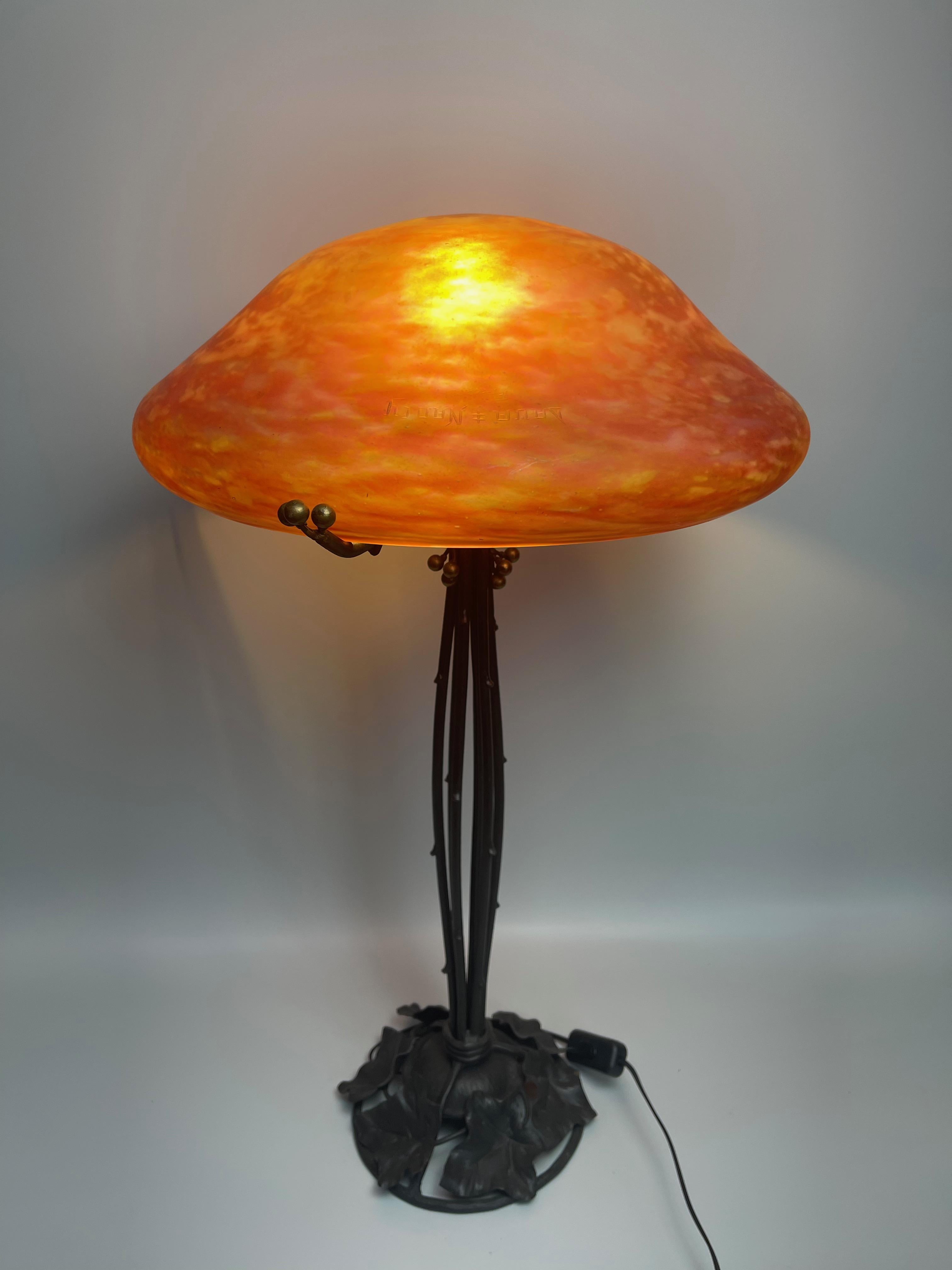 Large Art Deco Table Lamp by Daum Nancy Wrought Iron Foot 6