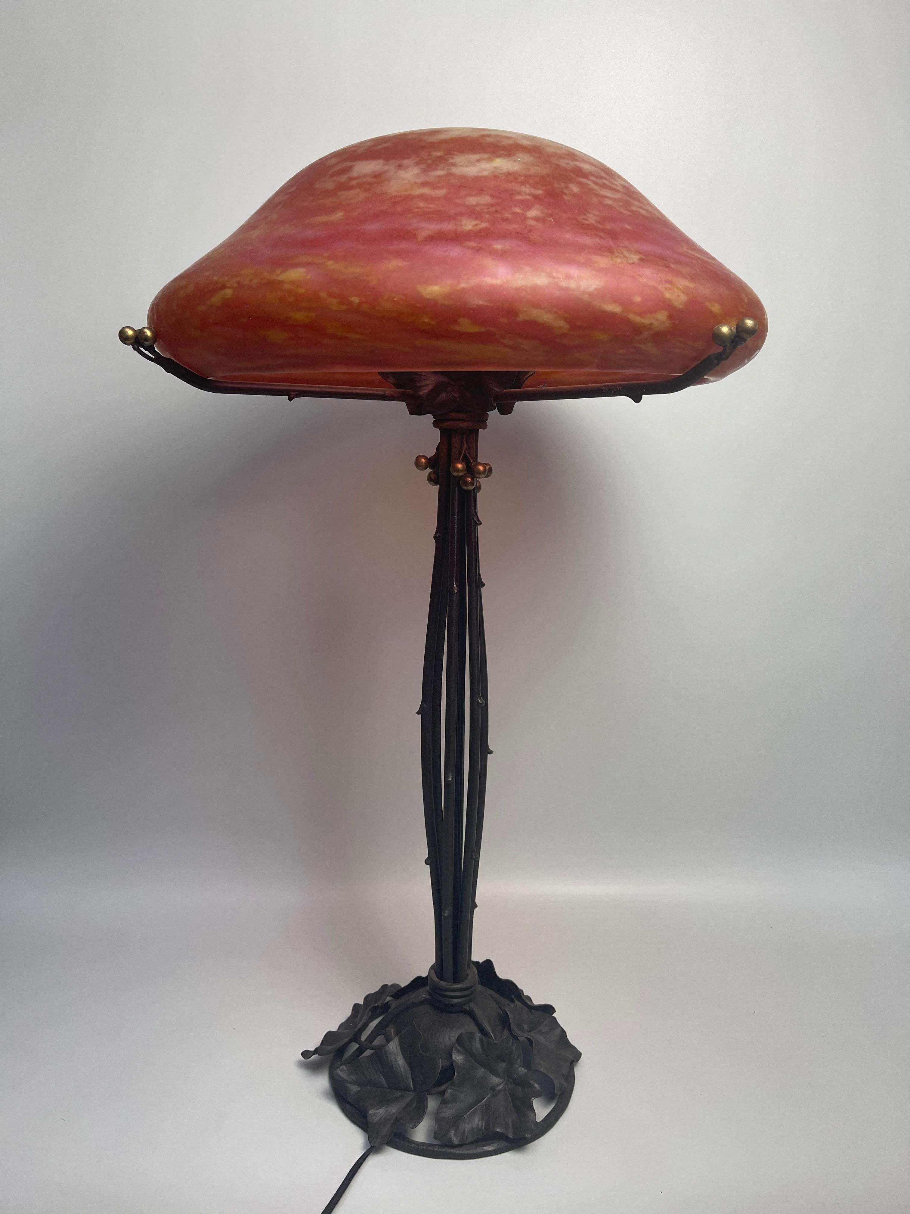 Hammered Large Art Deco Table Lamp by Daum Nancy Wrought Iron Foot