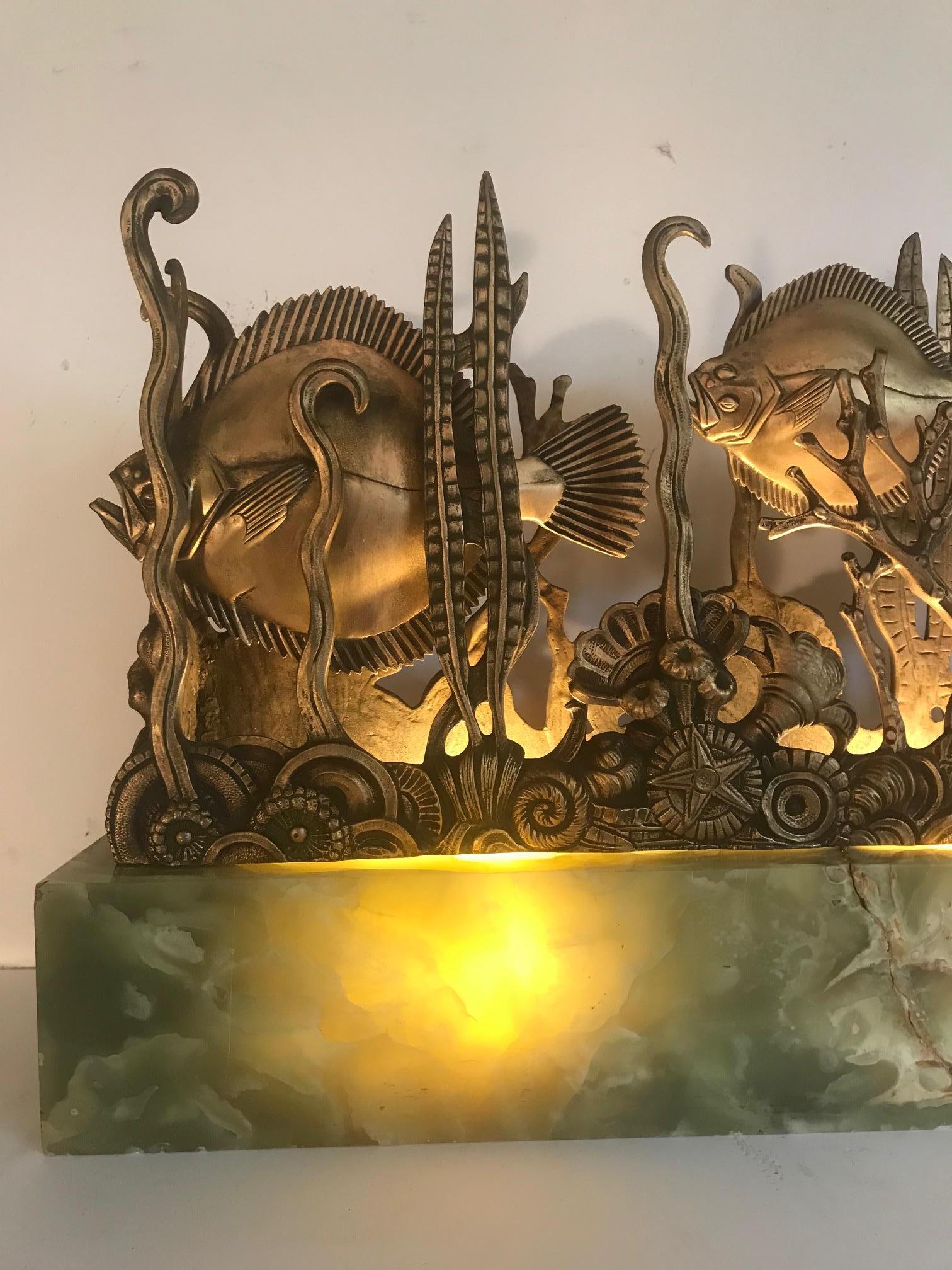 Large Art Deco Table Lamp, Exquisite Sculptural Aquarium Light on Onyx Base 5