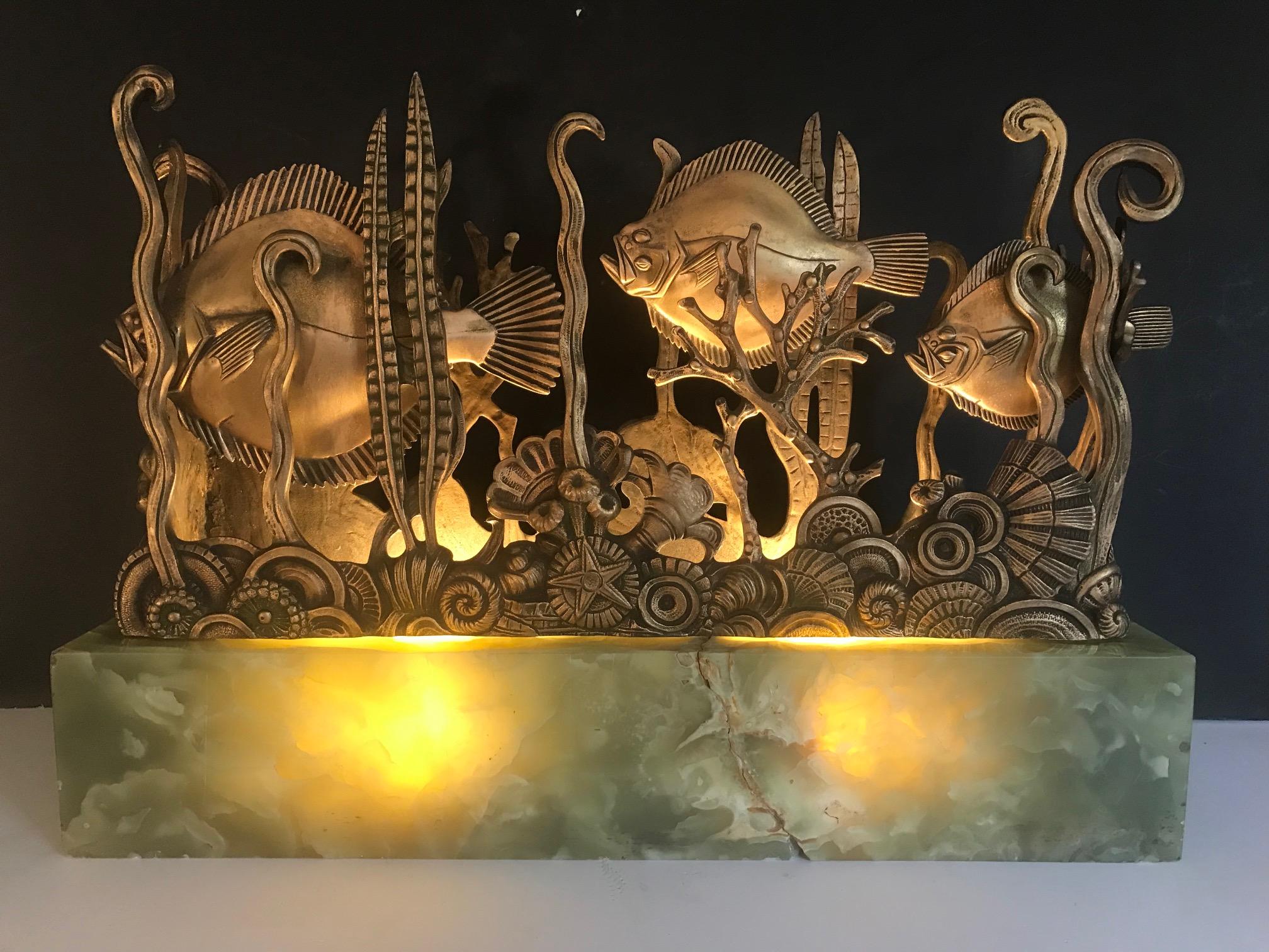 Large Art Deco Table Lamp, Exquisite Sculptural Aquarium Light on Onyx Base 6