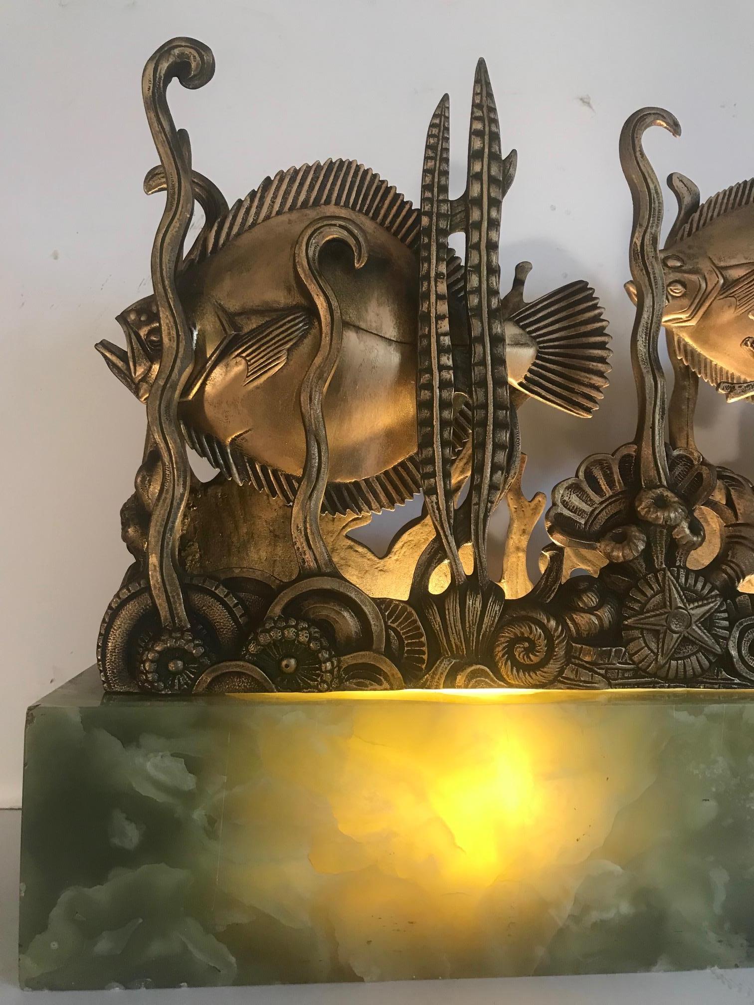 Carved Large Art Deco Table Lamp, Exquisite Sculptural Aquarium Light on Onyx Base