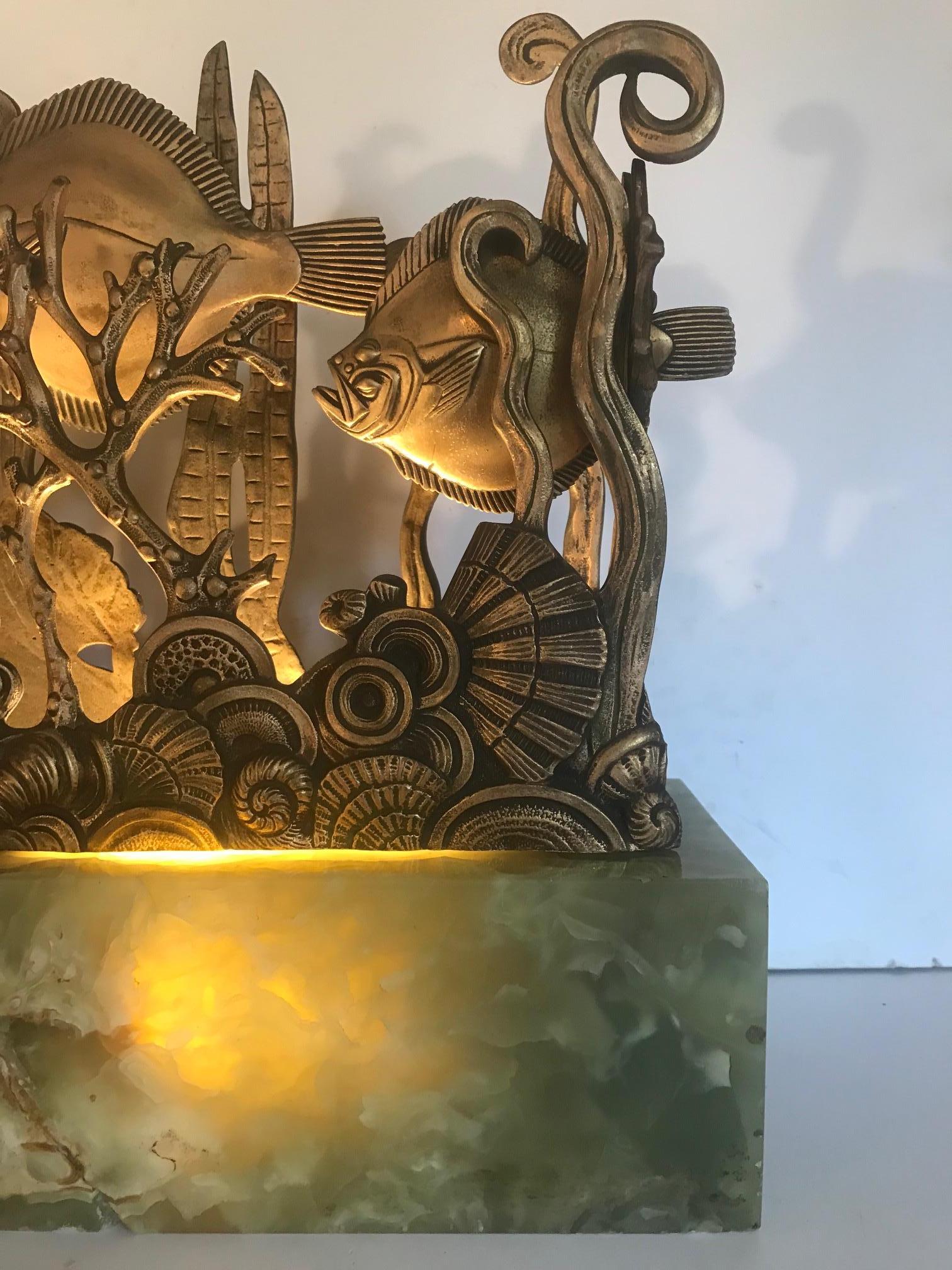 Metal Large Art Deco Table Lamp, Exquisite Sculptural Aquarium Light on Onyx Base
