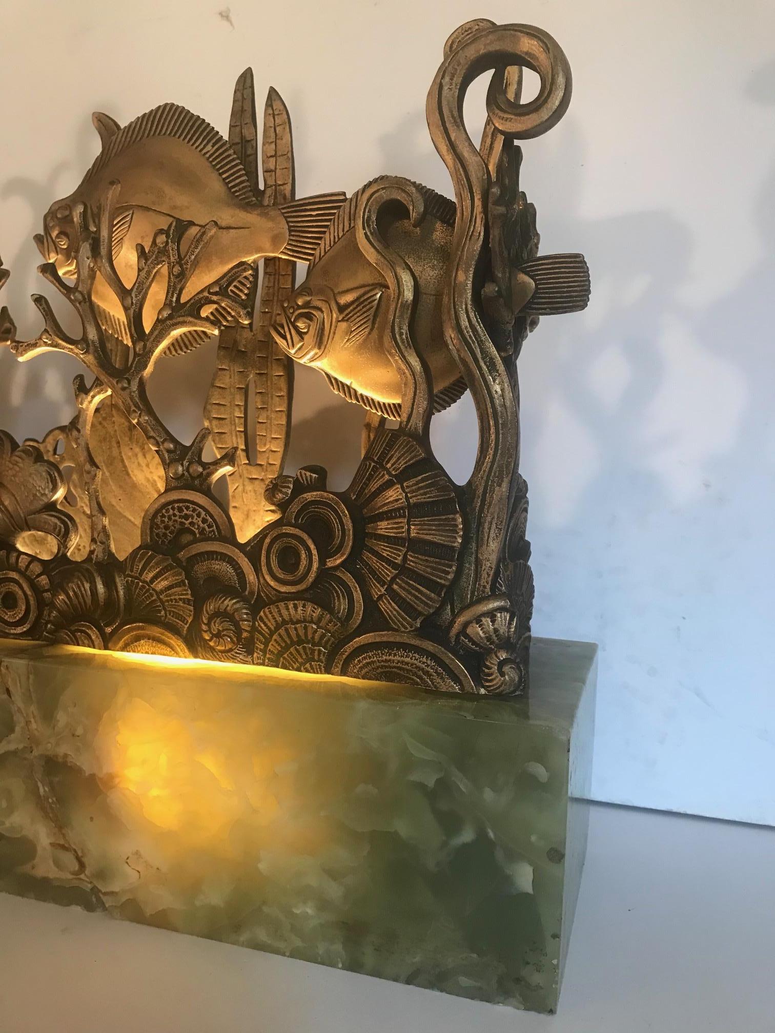 Large Art Deco Table Lamp, Exquisite Sculptural Aquarium Light on Onyx Base 1