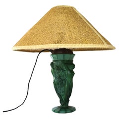 Large Art Deco Table Lamp in Malachite Glass by Curt Schlevogt, 1930s