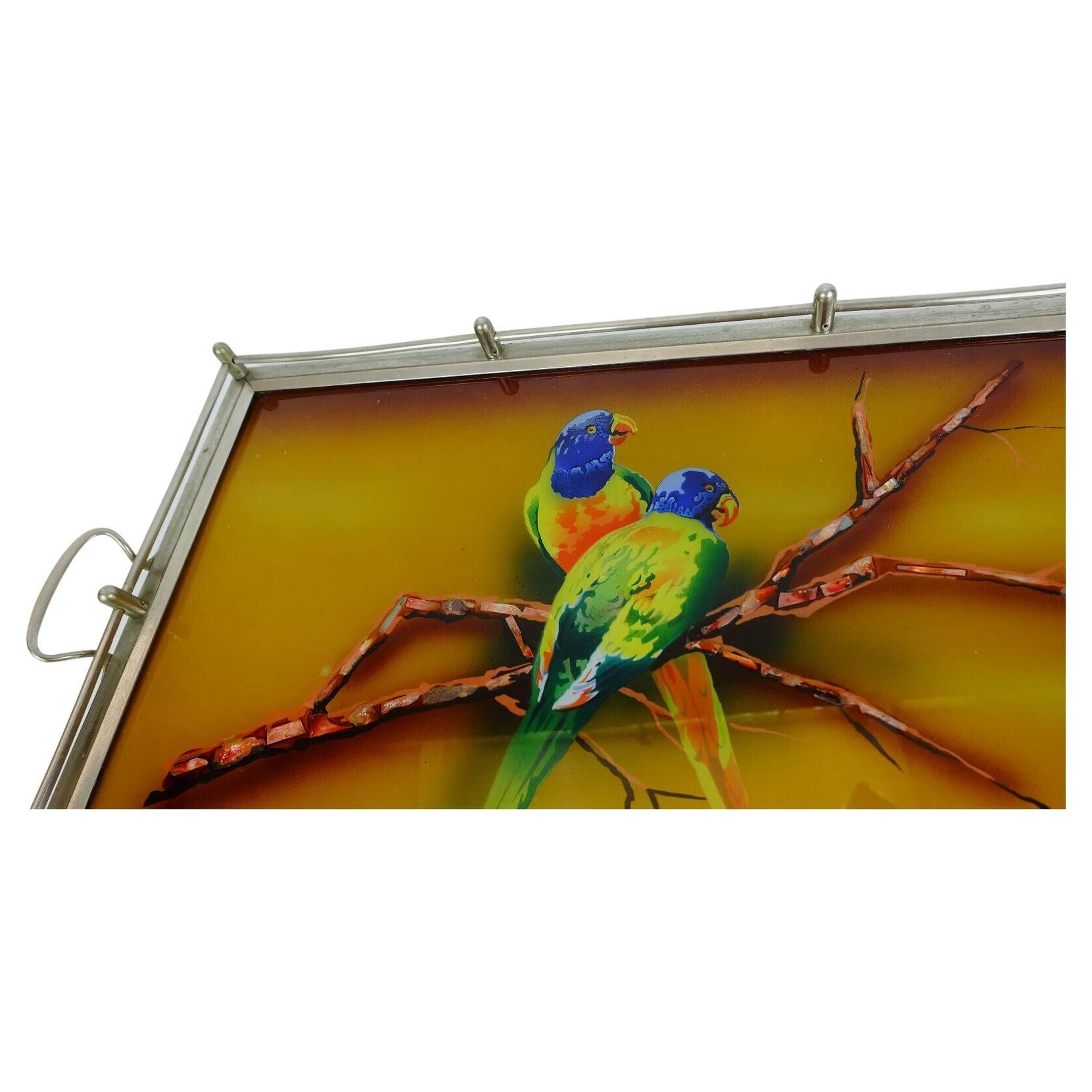 Beautiful very large old tray from the 1920s/1930s. The base is made of glass and has a reverse glass motif depicting a pair of parrots perched on a branch. The basic color is amber, the motif is in rainbow colors and mother-of-pearl inlays. The rim