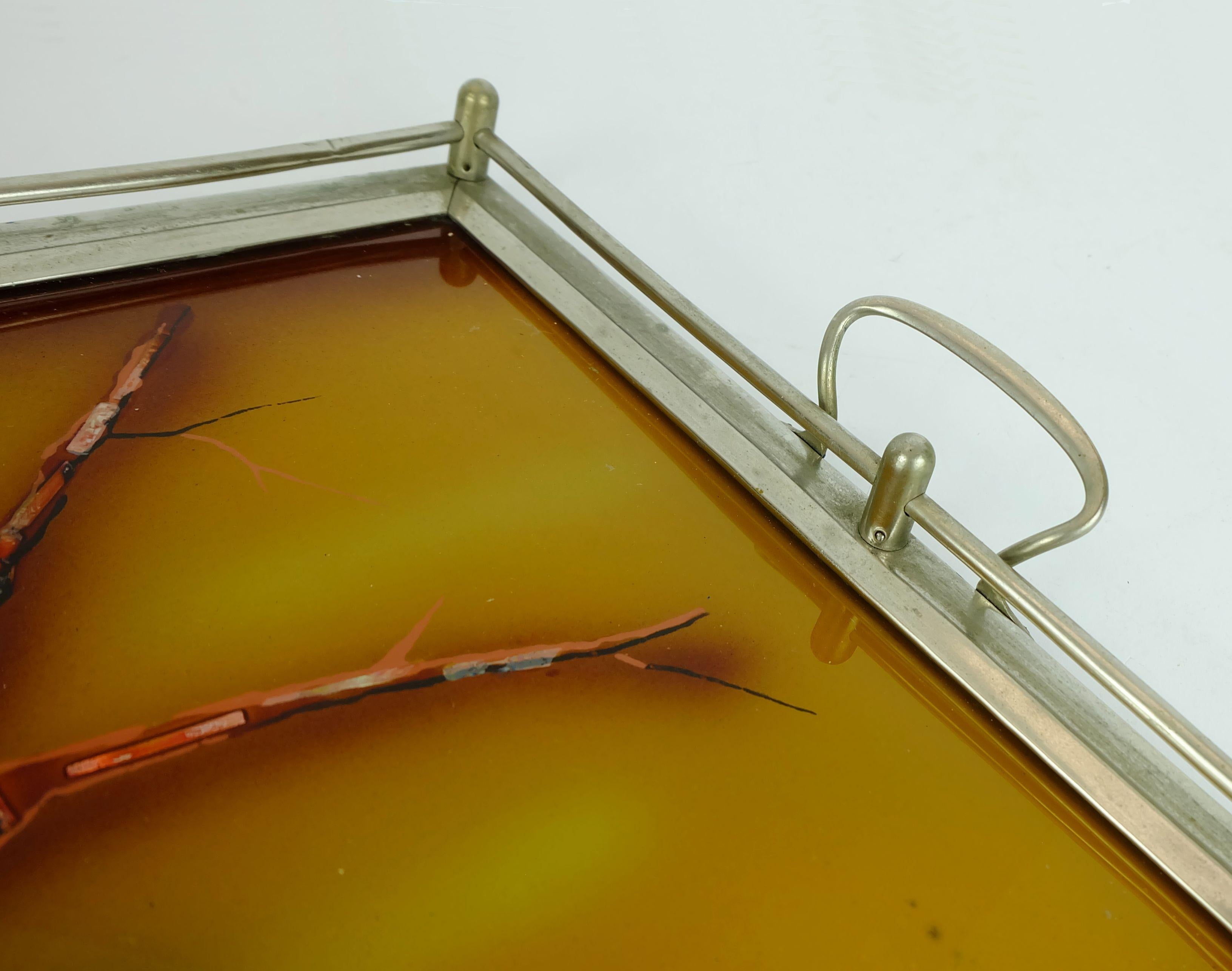 Large Art Déco Tray Glass Metal Parrot Motif, 1920s/1930s For Sale 2