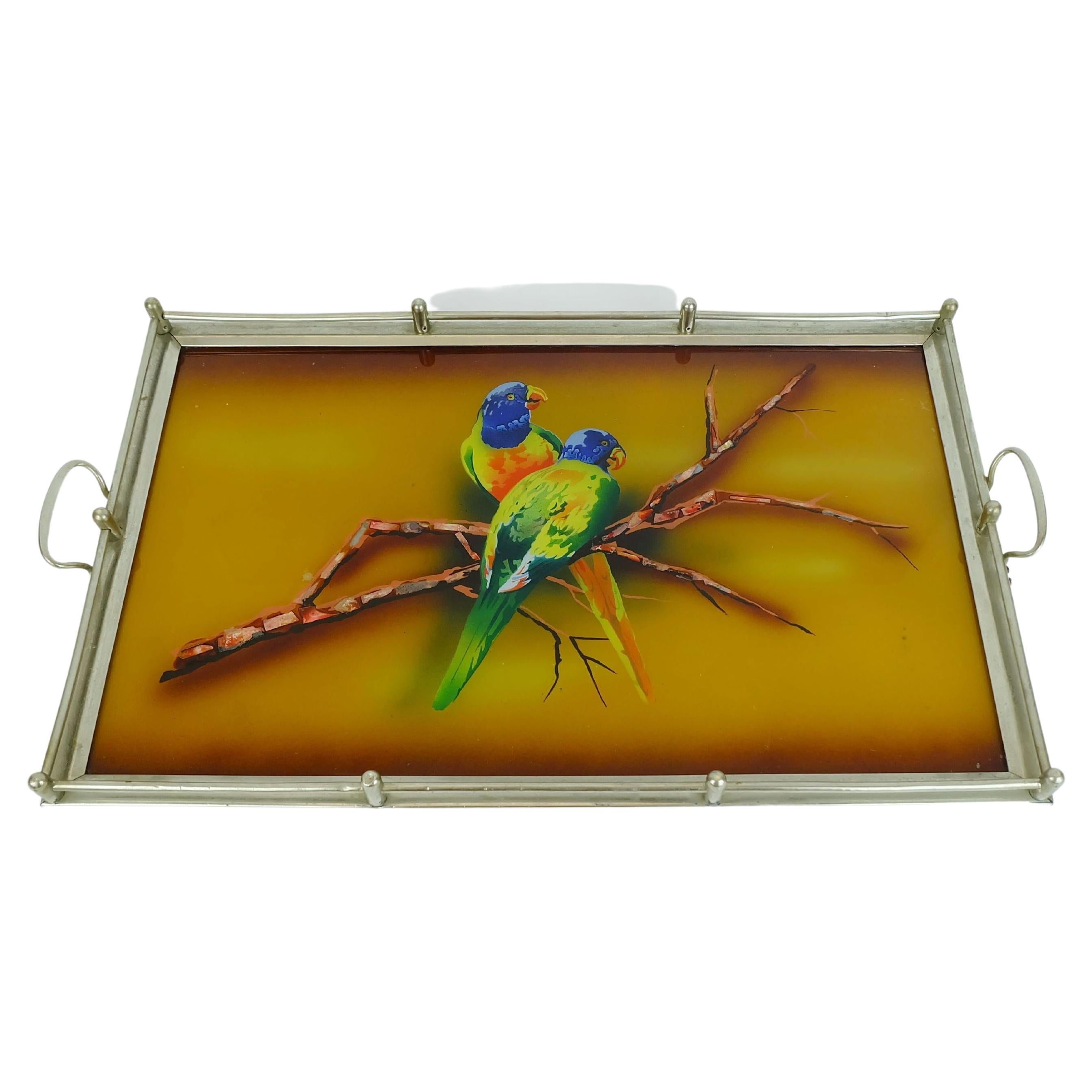 Large Art Déco Tray Glass Metal Parrot Motif, 1920s/1930s For Sale