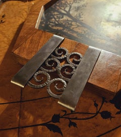 Large Art Deco Tray Signed églomisé, Walnut And Wrought Iron