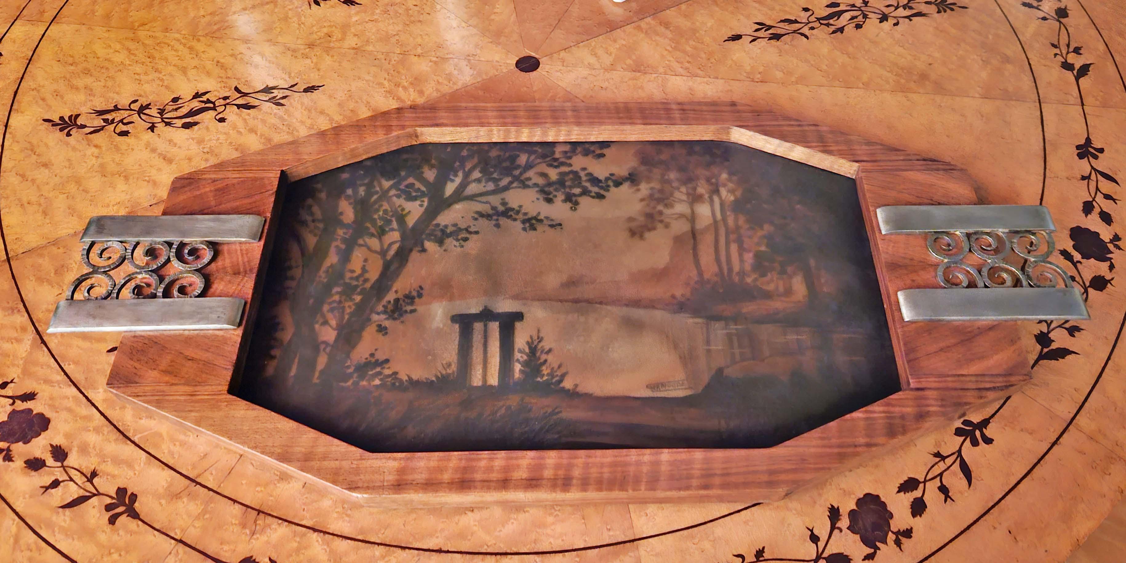 Large Art Deco Tray Signed églomisé, Walnut And Wrought Iron In Good Condition For Sale In CHALON-SUR-SAÔNE, FR
