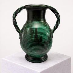 Large Art Deco Uppsala Ekeby Ceramic Vase, Sweden, 1930s, Twin-Handled Green Gla