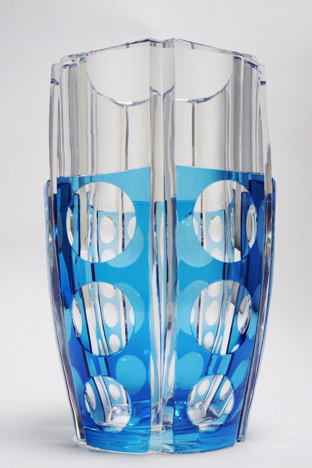 Large Art Deco Val Saint Lambert Blue Cerbere Glass Vase For Sale 5