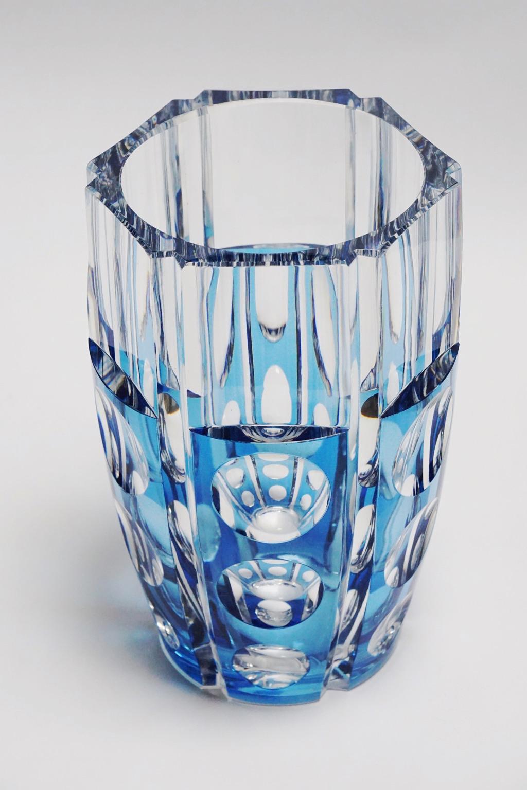 Belgian Large Art Deco Val Saint Lambert Blue Cerbere Glass Vase For Sale