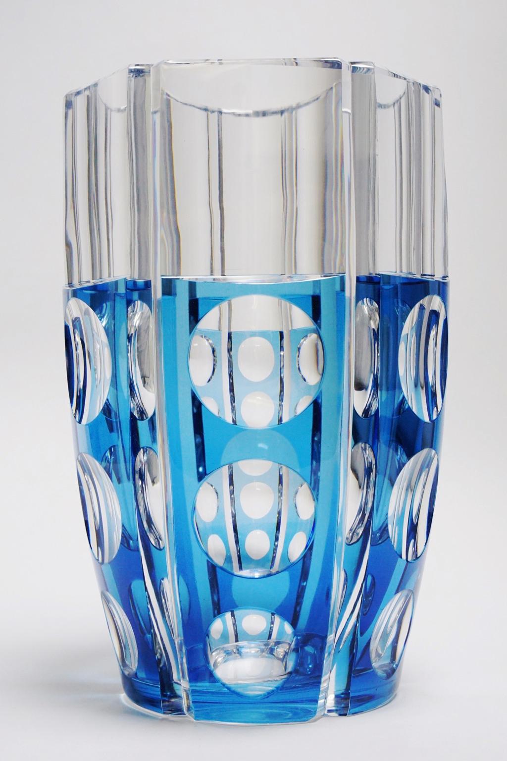 Cut Glass Large Art Deco Val Saint Lambert Blue Cerbere Glass Vase For Sale