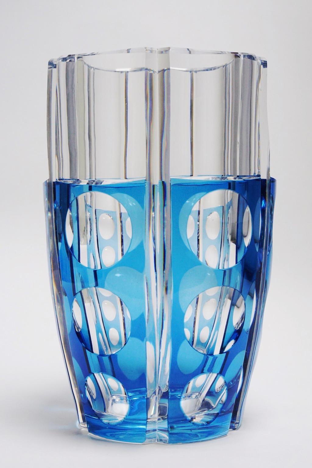 Large Art Deco Val Saint Lambert Blue Cerbere Glass Vase For Sale 1