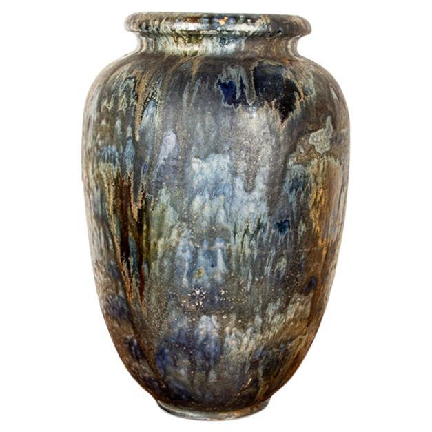 Large Art Deco vase, in glazed and iridescent blue stoneware, Roger Guérin, 1930