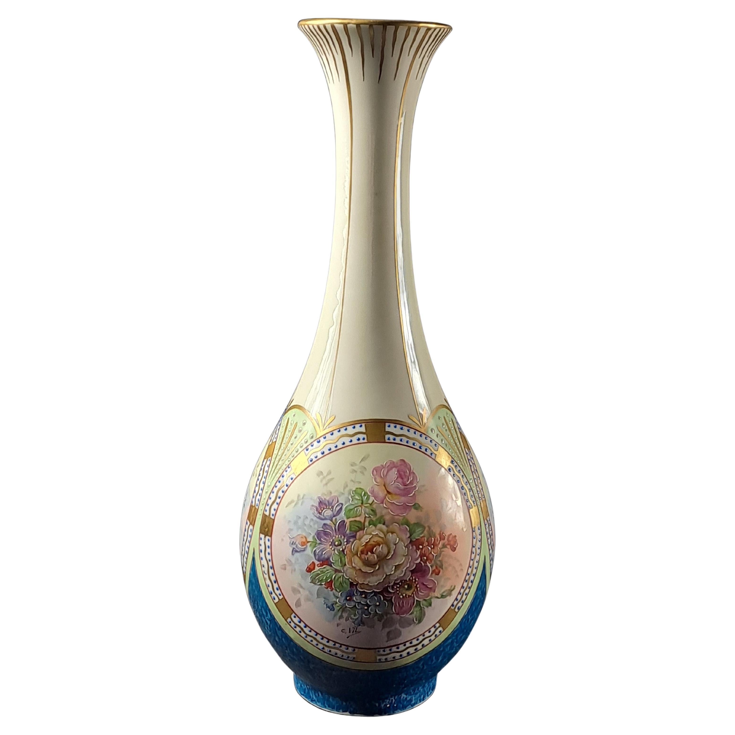 Grande vaso Art Deco in porcellana di Limoges, firmato Lucien Michelaud