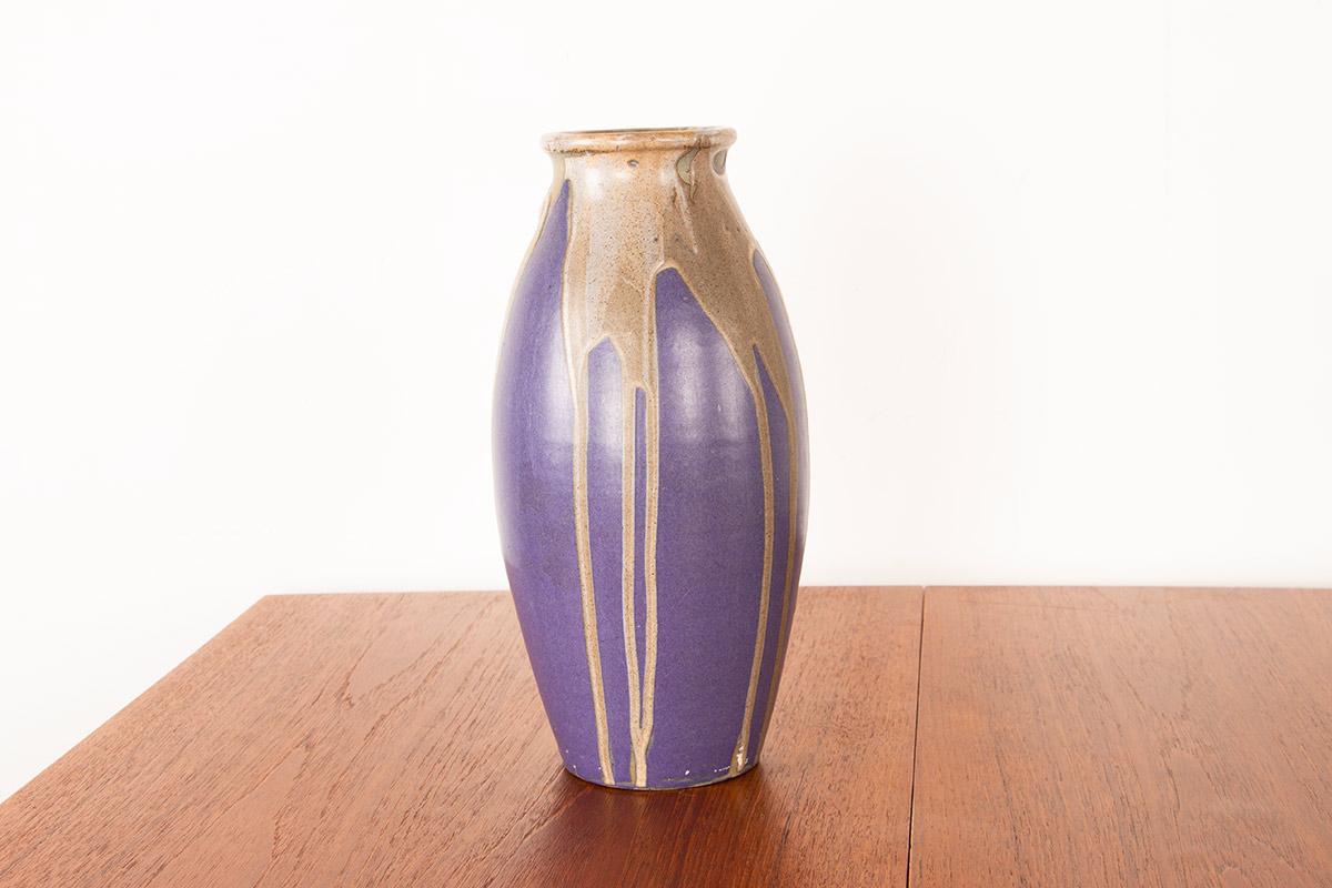 Große Art-déco-Vase aus violett glasierter Keramik von Léon Pointu, Grès de Puisaye, 19 (Art déco) im Angebot